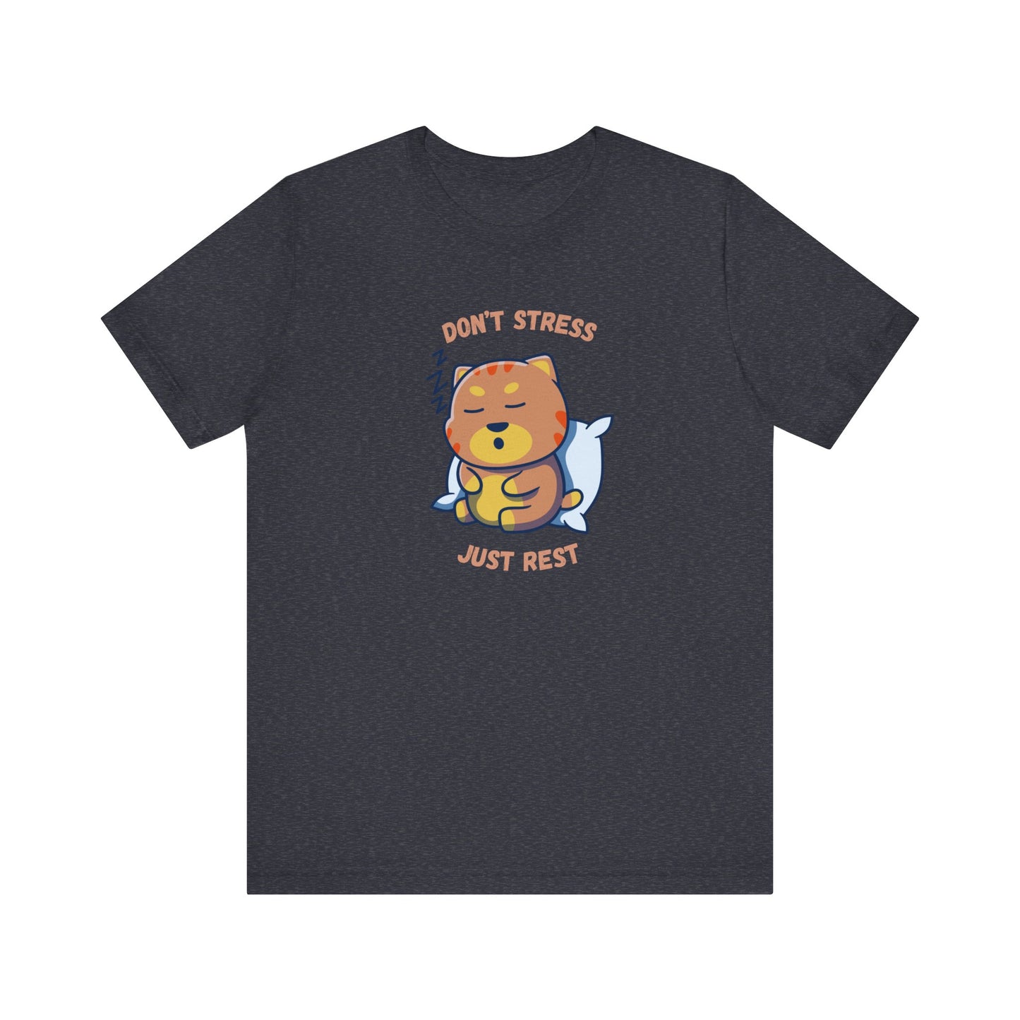 Heather navy color t-shirt with sleepy cat graphic and don’t stress just rest slogan displayed flat