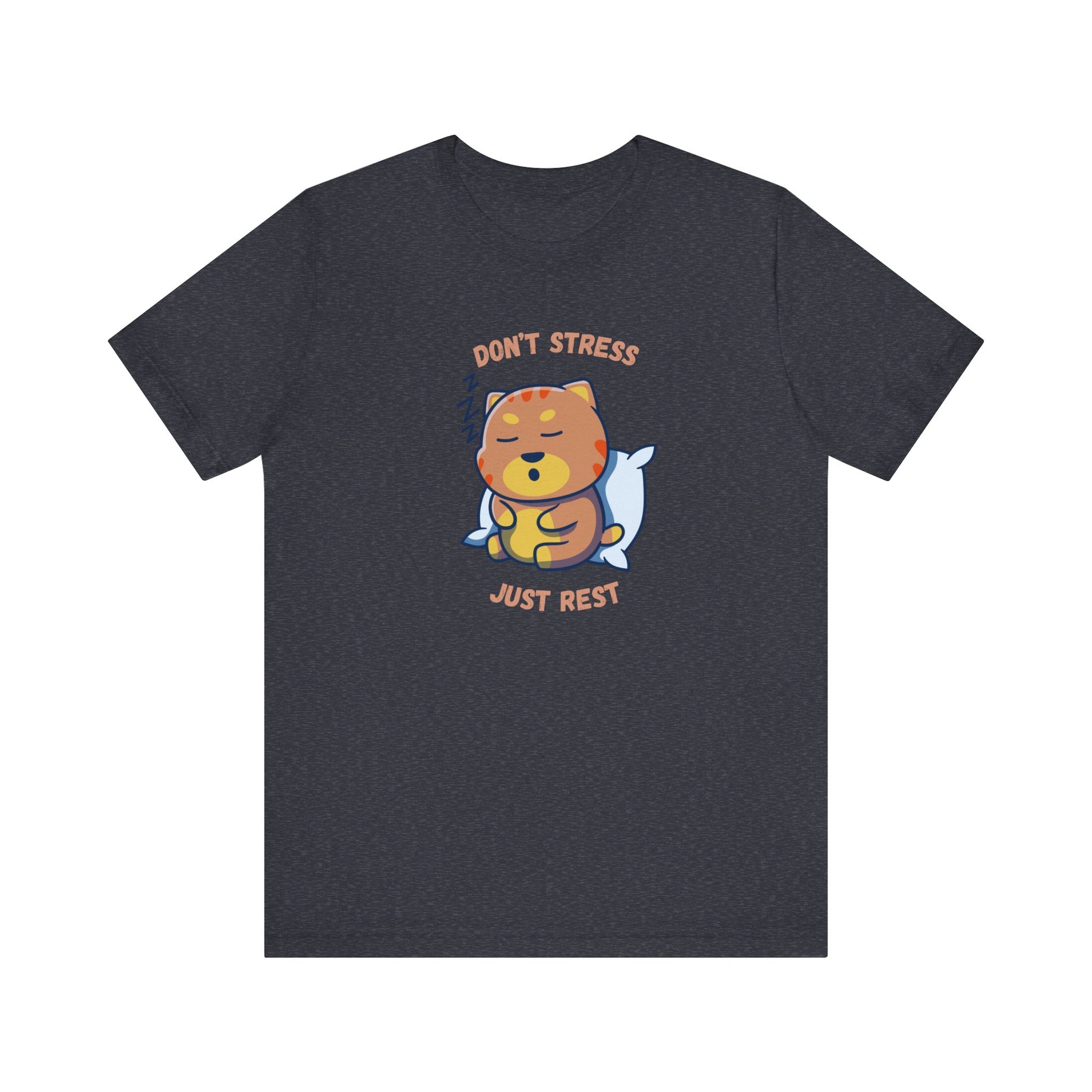 Heather navy color t-shirt with sleepy cat graphic and don’t stress just rest slogan displayed flat