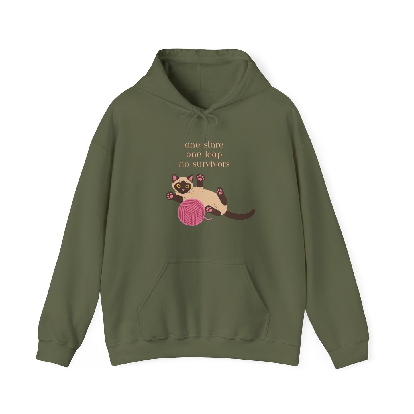 Military Green hoodie with Siamese cat graphic and one stare one leap no survivors slogan displayed flat