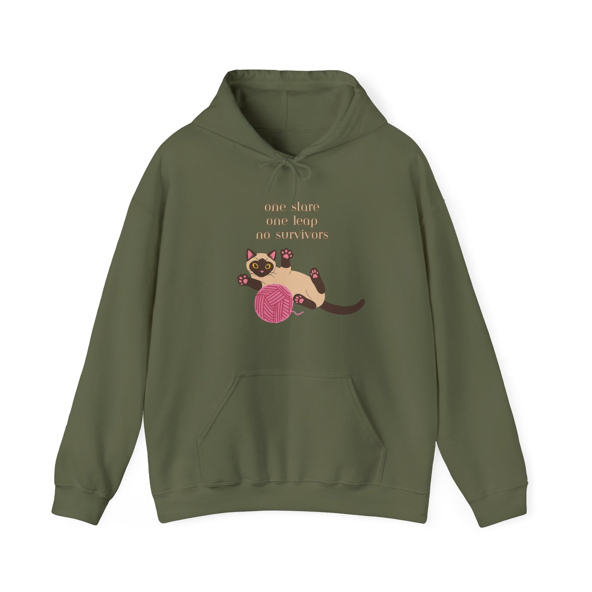 Military Green hoodie with Siamese cat graphic and one stare one leap no survivors slogan displayed flat