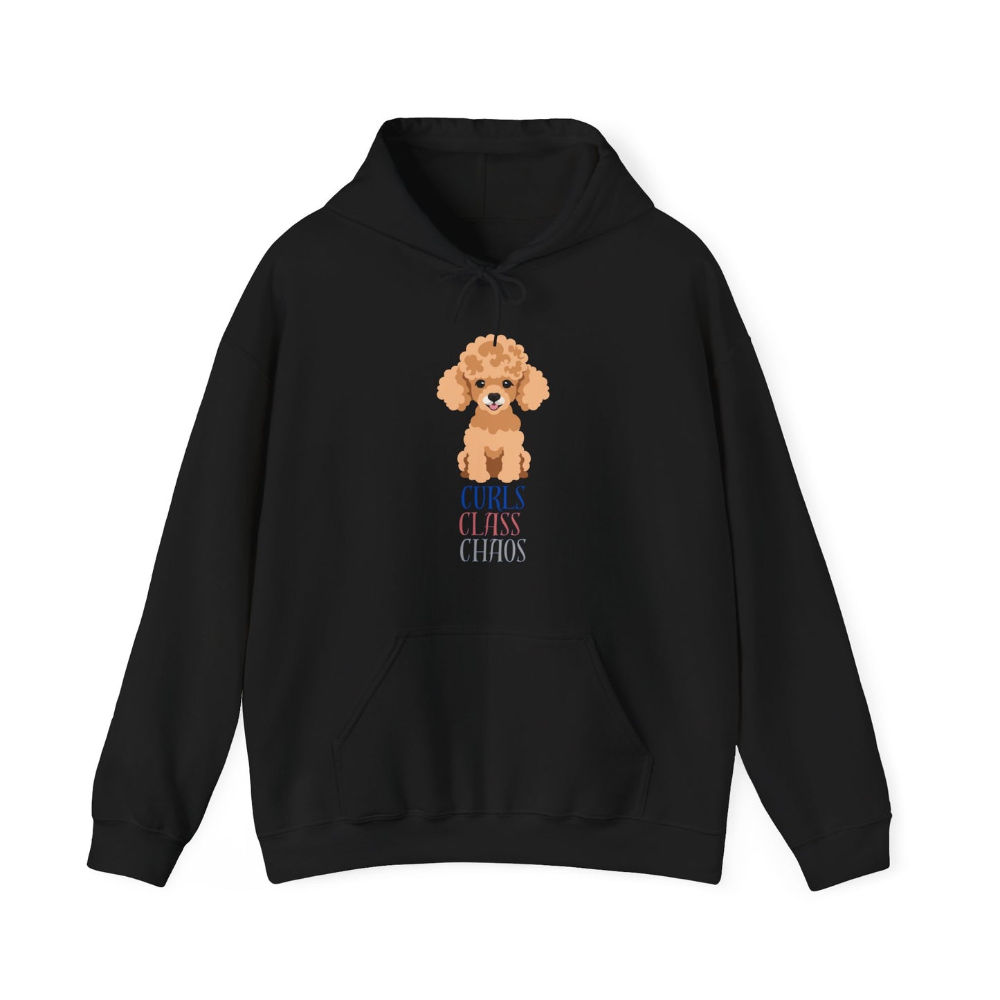 Black hoodie with poodle graphic and curls class chaos slogan displayed flat