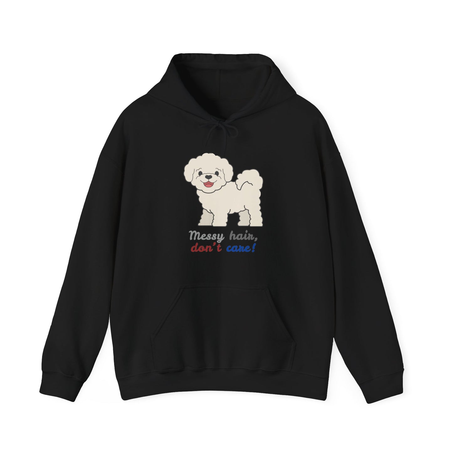 Black hoodie with bichon dog graphic and messy hair don’t care slogan displayed flat