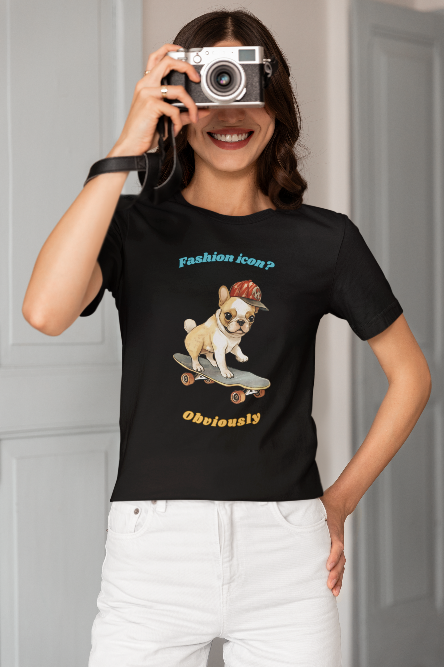 Happy woman taking a picture wearing black Bella Canvas t shirt with French Bulldog graphic and fashion icon obviously slogan