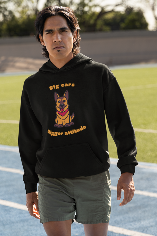 Runner standing on a track wearing black Gildan pullover hoodie with German Shepherd graphic and big ears bigger attitude slogan