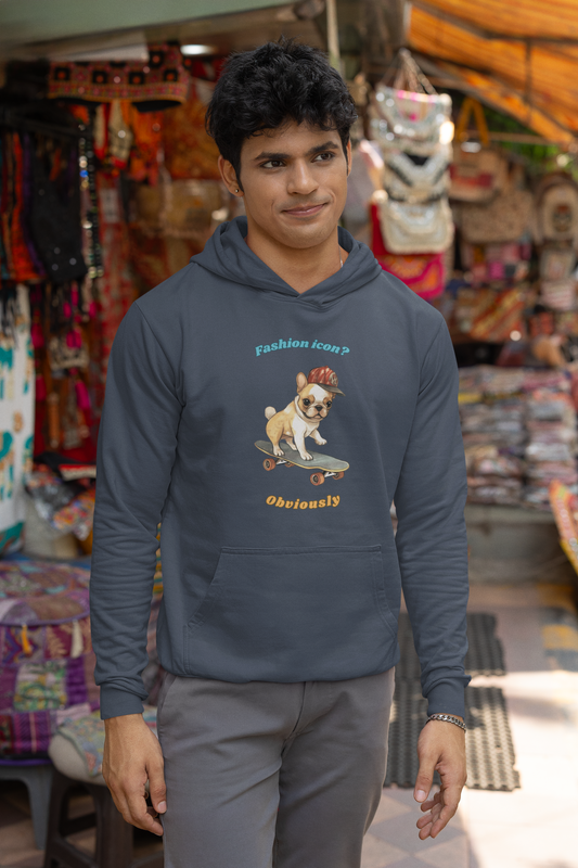 Man with serious thoughtful expression wearing Heather Navy color hoodie with French Bulldog graphic and fashion icon obviously slogan