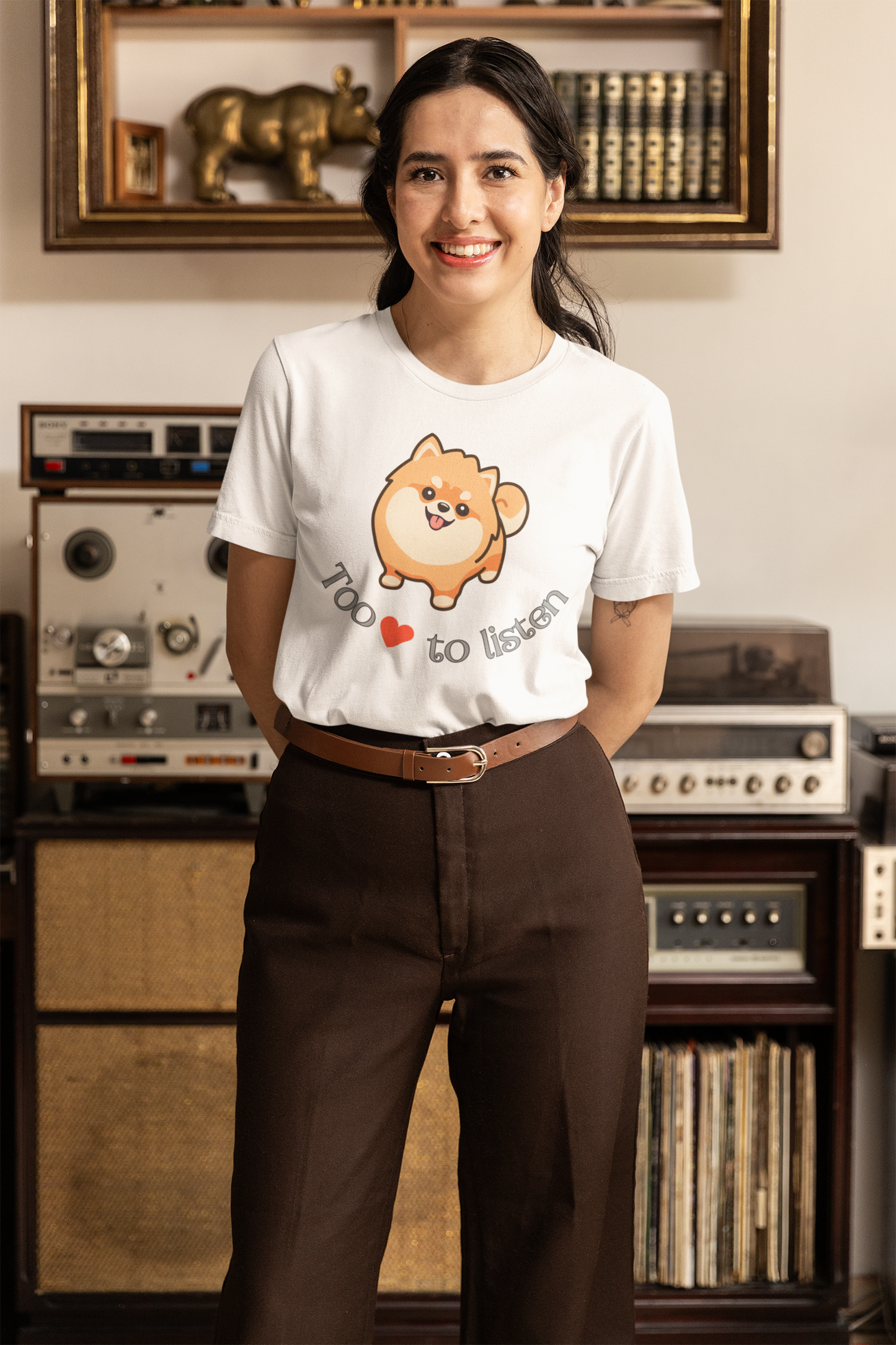 White Bella Canvas t shirt with pomeranian graphic and too cute to listen slogan worn by happy woman in grandpacore style outfit