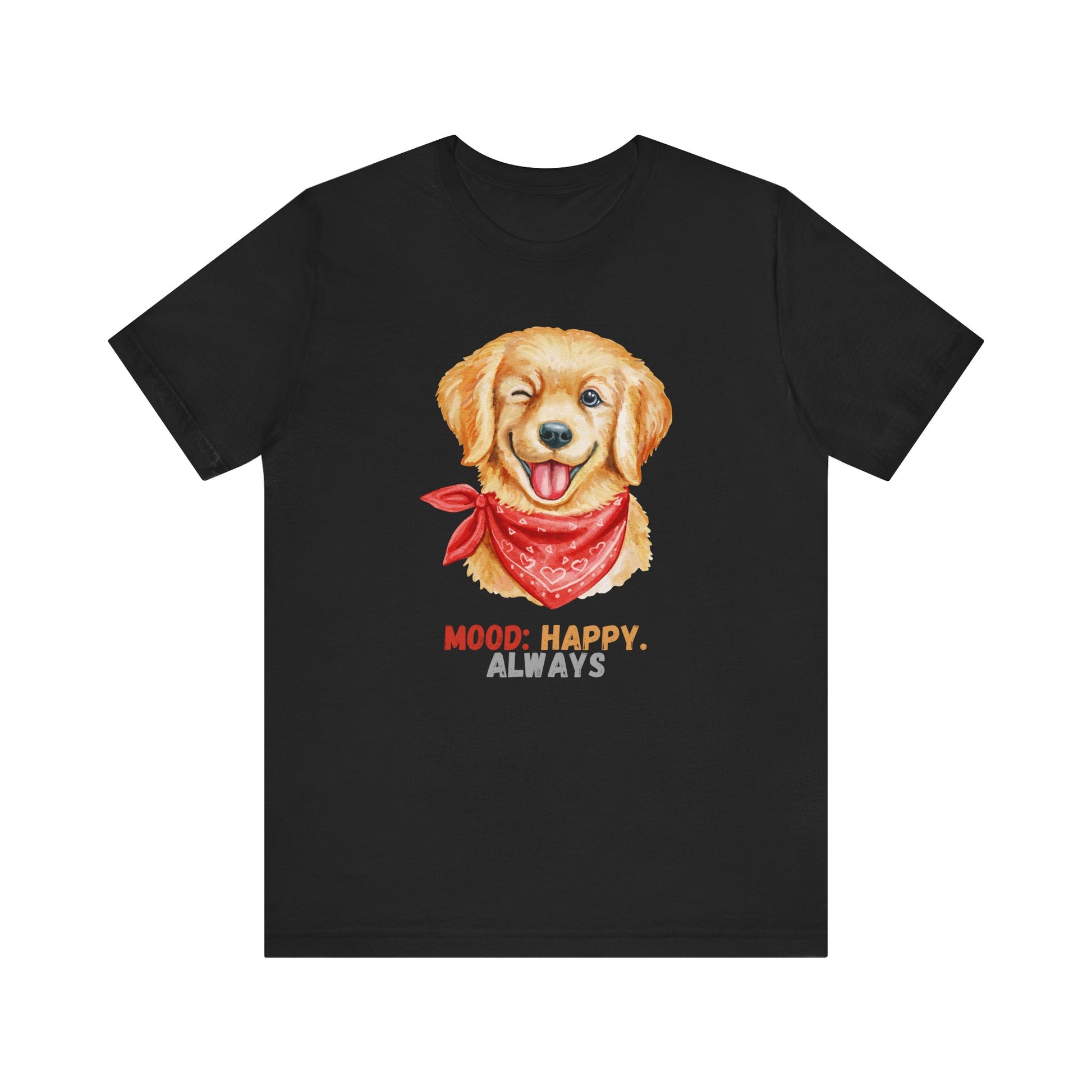 Black t shirt with labrador retriever graphic and mood happy always slogan displayed flat
