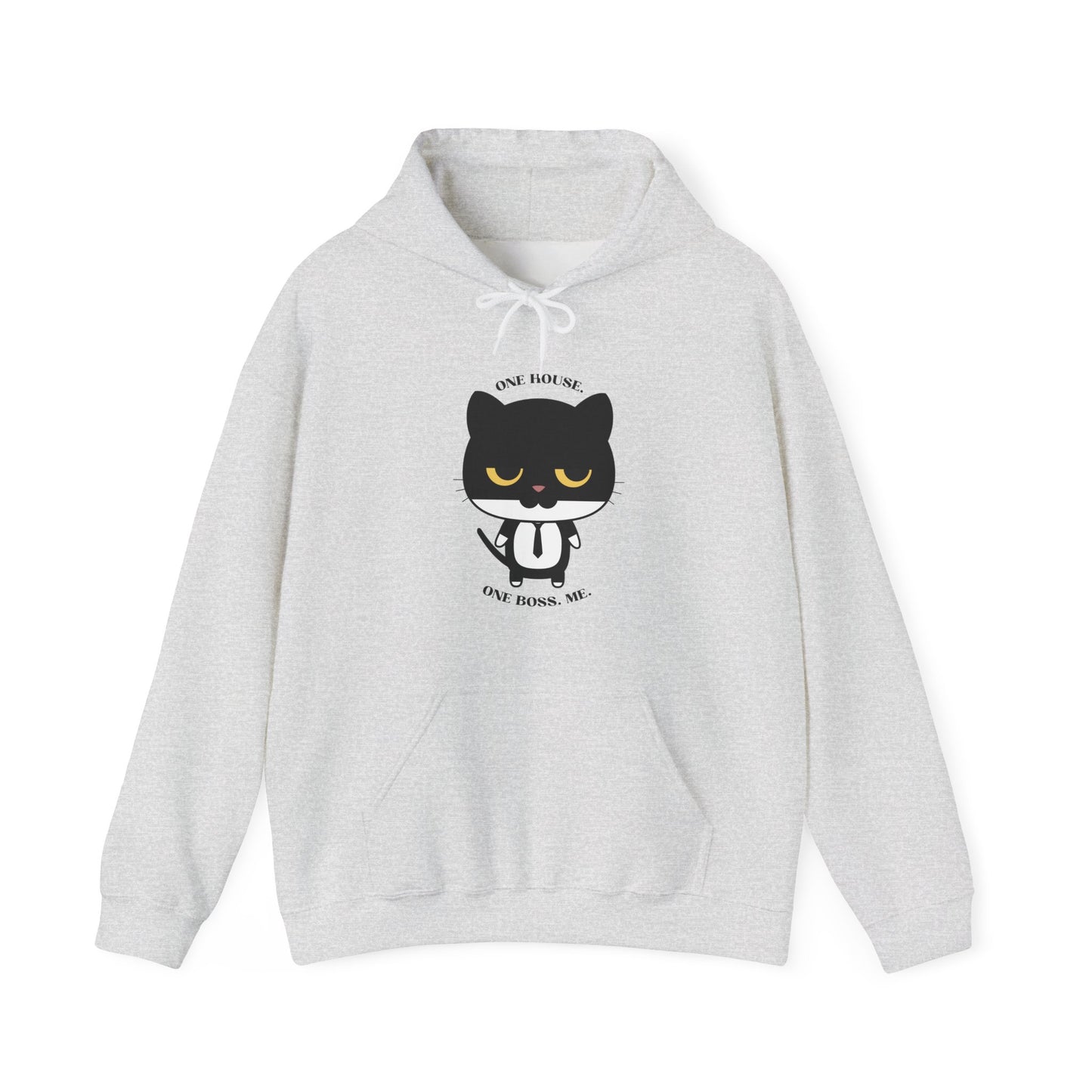 Ash color Hoodie with black cat graphic wearing a tie and one house one boss me slogan displayed flat