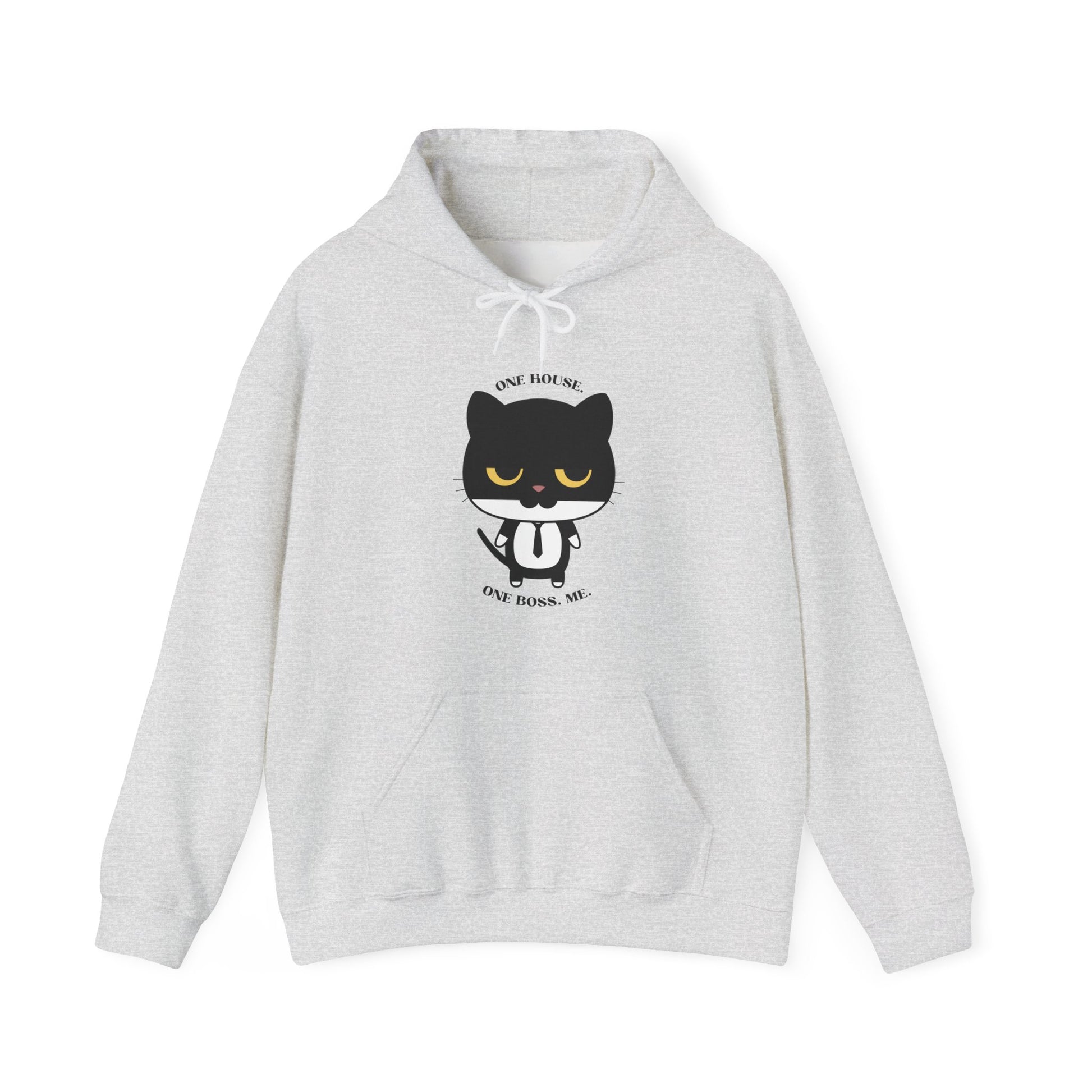 Ash color Hoodie with black cat graphic wearing a tie and one house one boss me slogan displayed flat