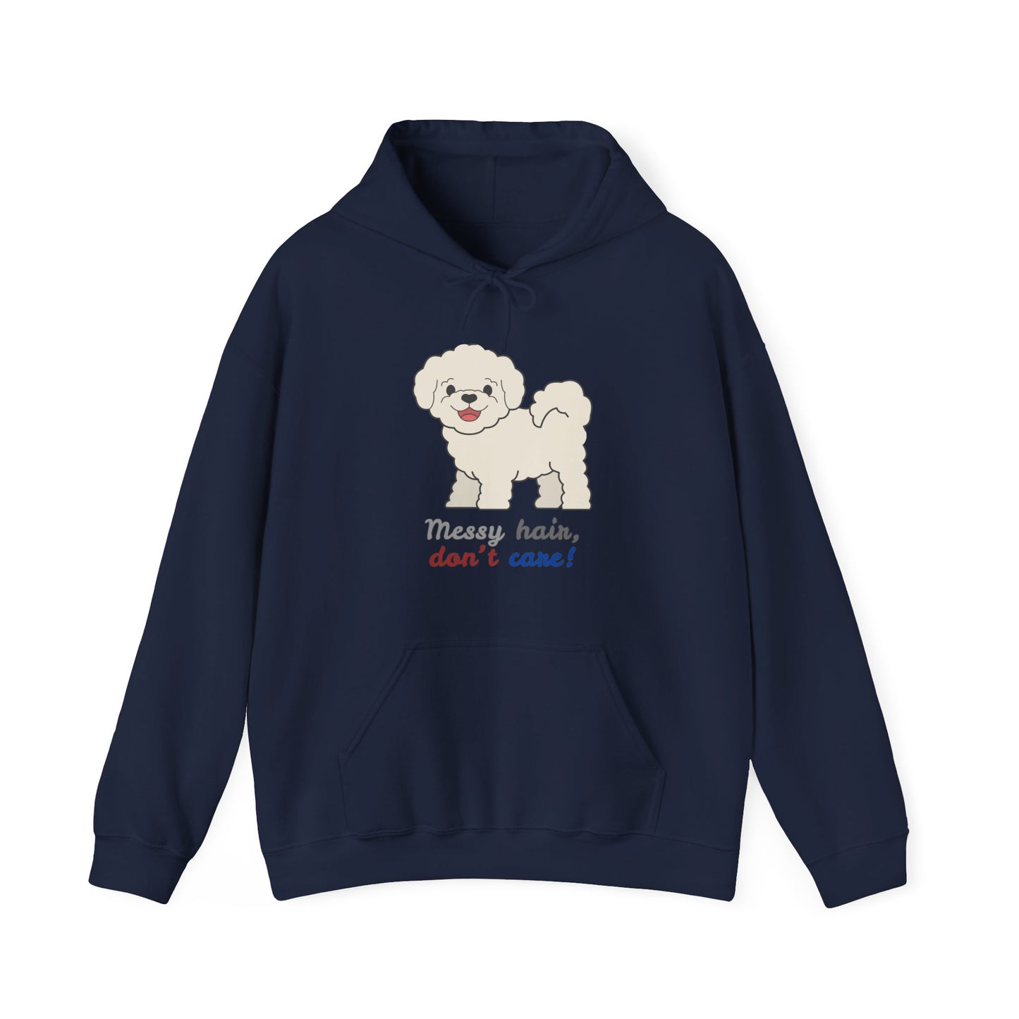 Navy Color hoodie with bichon dog graphic and messy hair don’t care slogan displayed flat