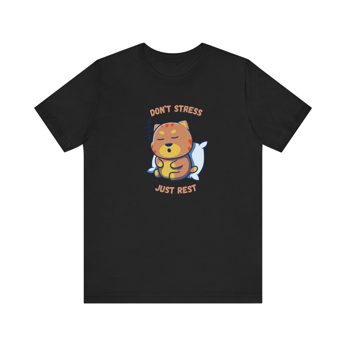 Black t-shirt with sleepy cat graphic and don’t stress just rest slogan displayed flat