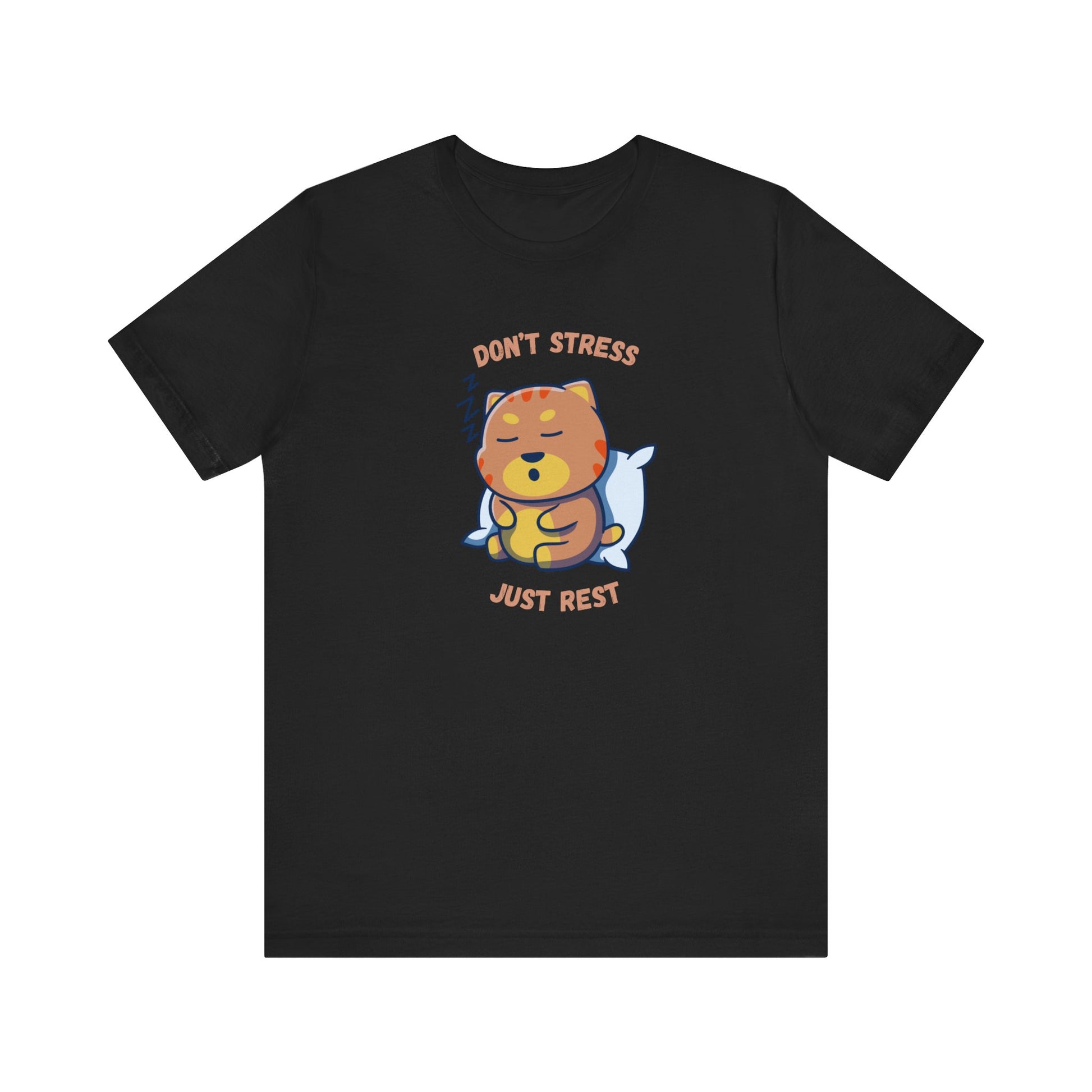 Black t-shirt with sleepy cat graphic and don’t stress just rest slogan displayed flat