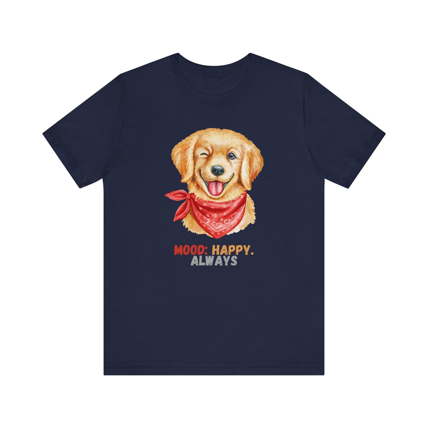 Navy Color t shirt with labrador retriever graphic and mood happy always slogan displayed flat