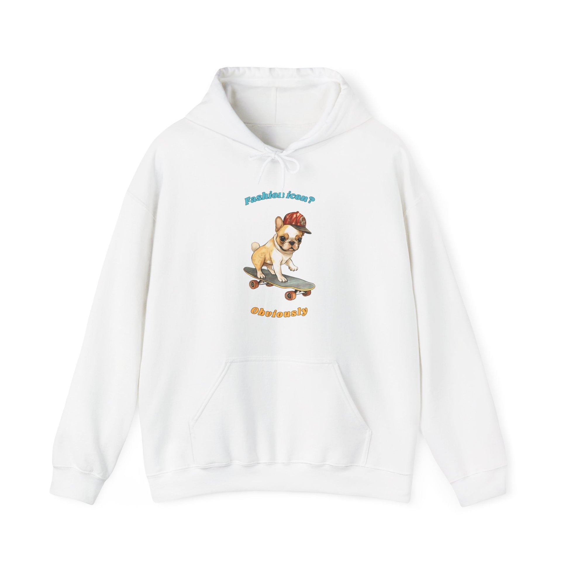 White hoodie with French Bulldog graphic and fashion icon obviously slogan displayed flat Fashion icon? Obviously.