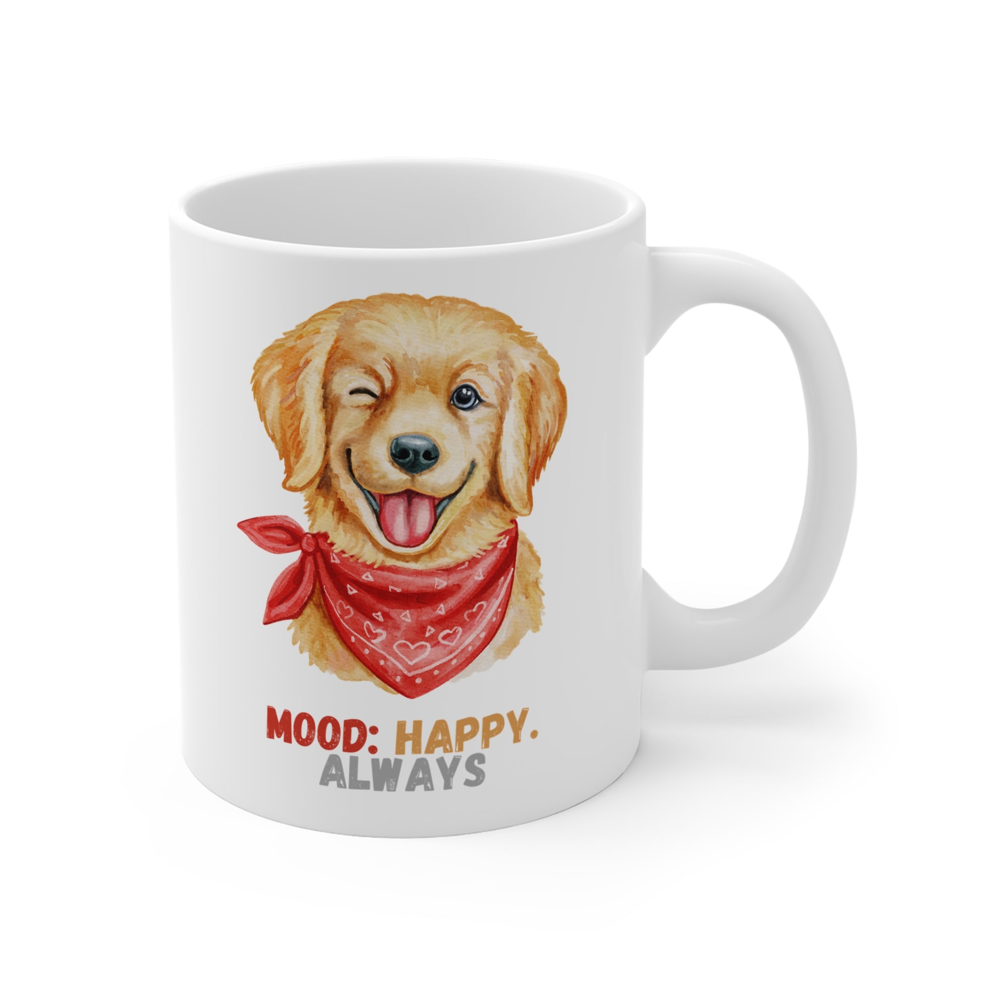 White coffee mug with golden retriever graphic and mood happy always slogan shown from right side
