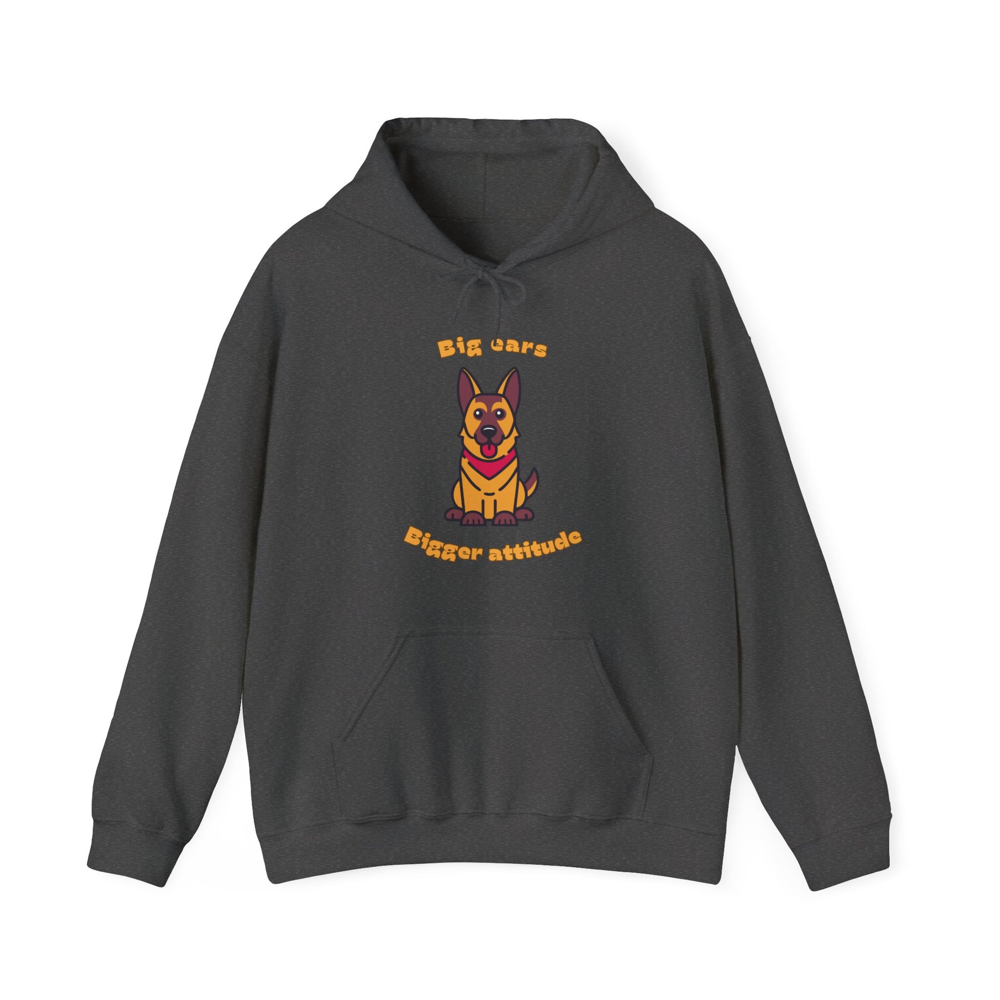 Dark Heather hoodie with German Shepherd graphic and big ears bigger attitude slogan displayed flat