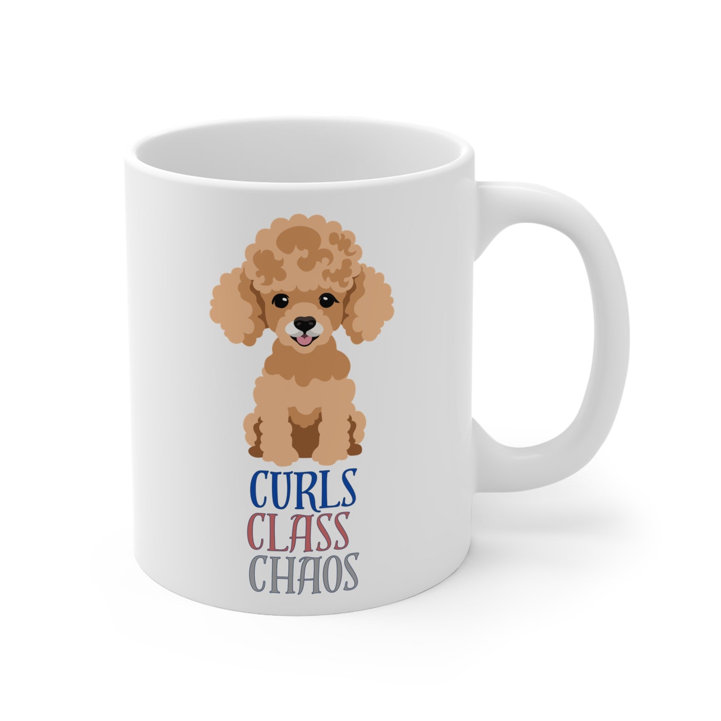 White coffee mug with poodle graphic and curls class chaos slogan shown from right side