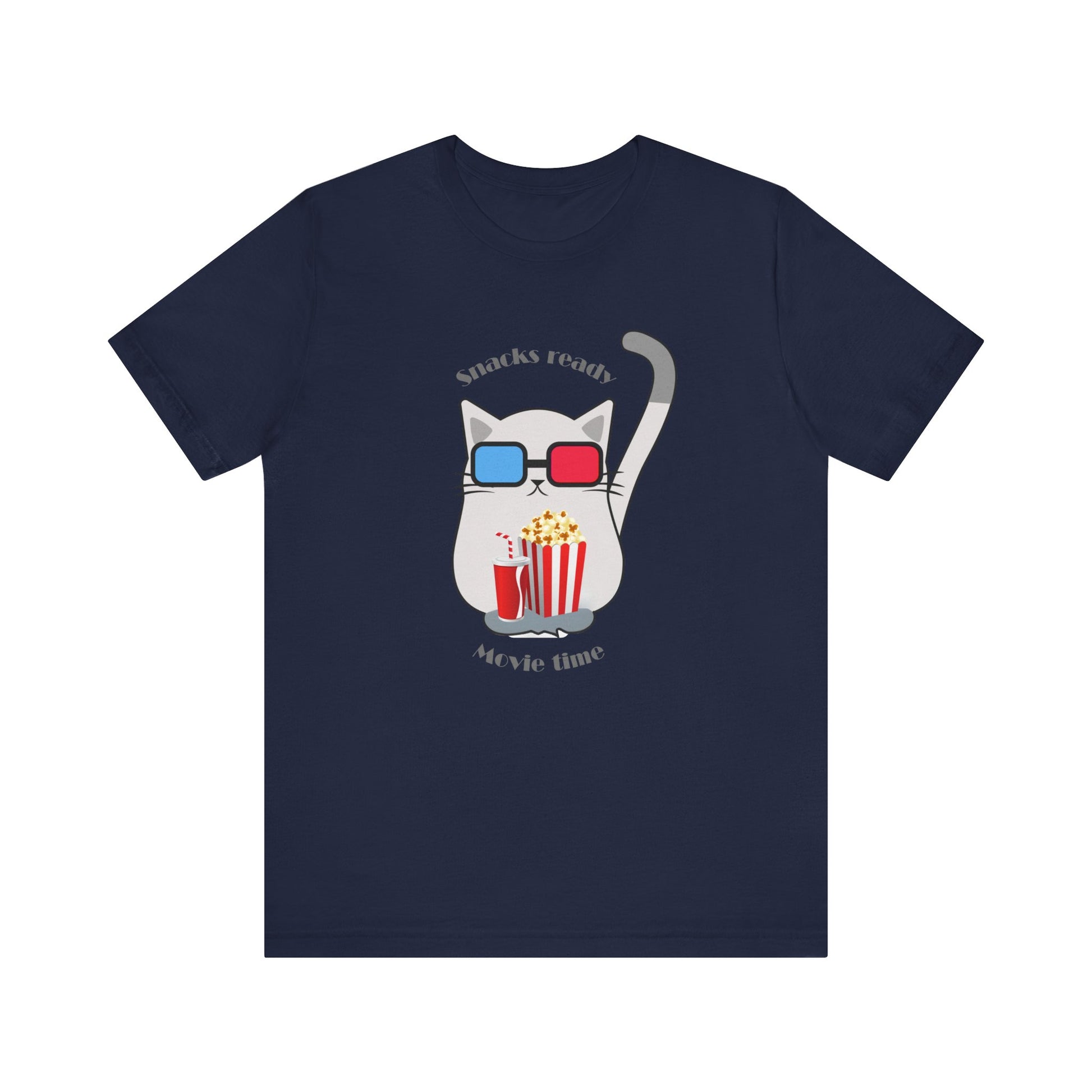 Navy color t-shirt with cat wearing 3D glasses and snacks ready movie time slogan displayed flat