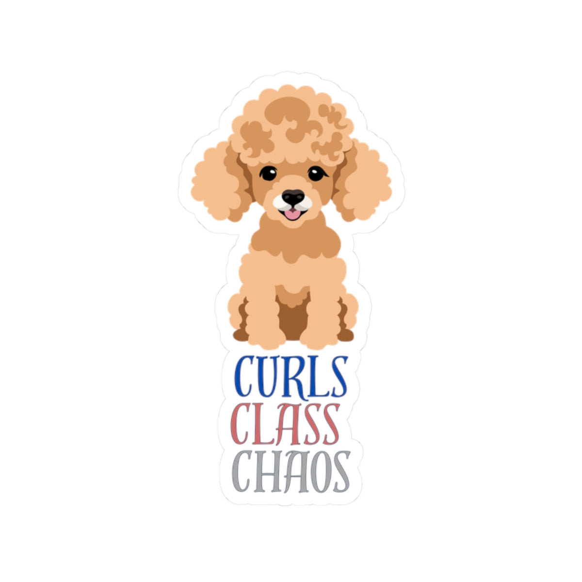 Kiss-cut sticker with Poodle graphic and curls class chaos slogan on white background