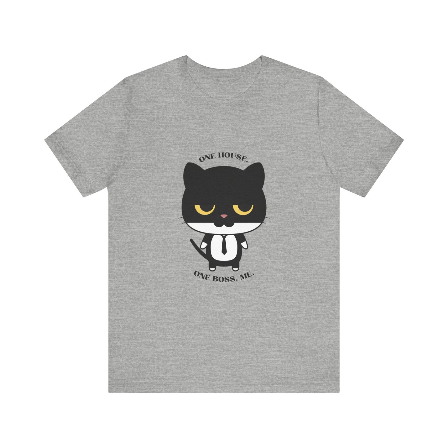 Athletic Heather color T-shirt with black cat graphic wearing a tie and one house one boss me slogan displayed flat