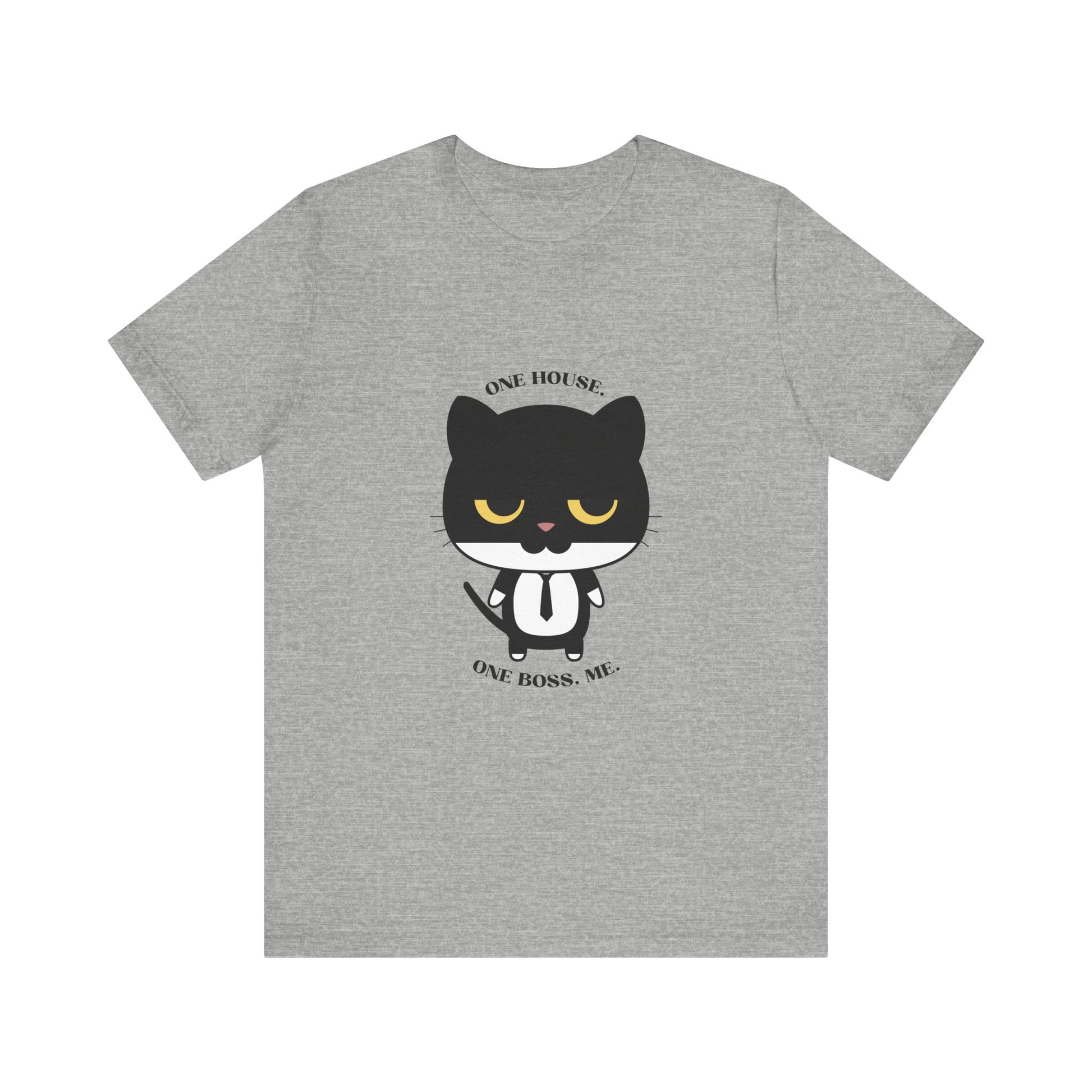Athletic Heather color T-shirt with black cat graphic wearing a tie and one house one boss me slogan displayed flat