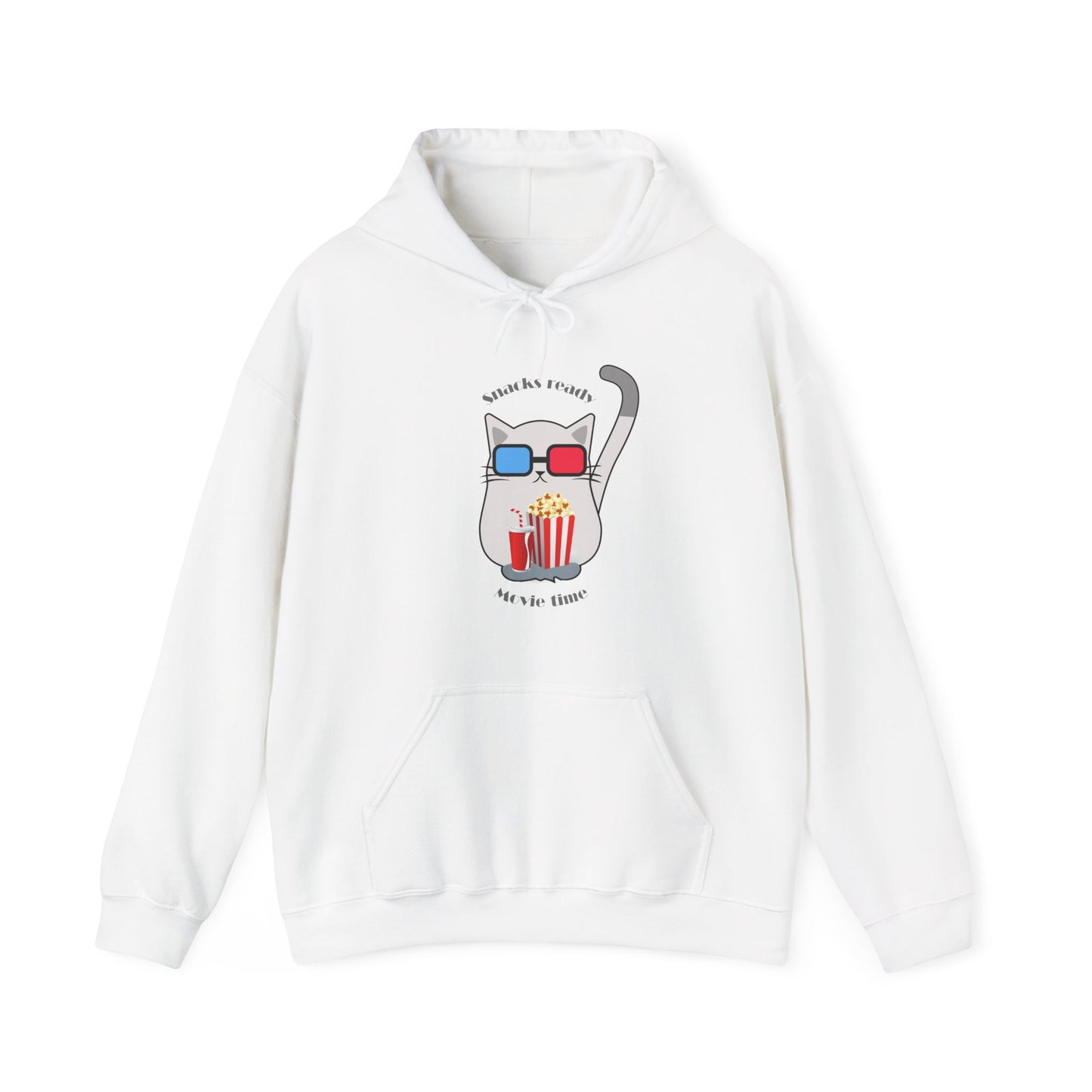 White hoodie with cat wearing 3D glasses holding popcorn and drink with snacks ready movie time slogan displayed flat