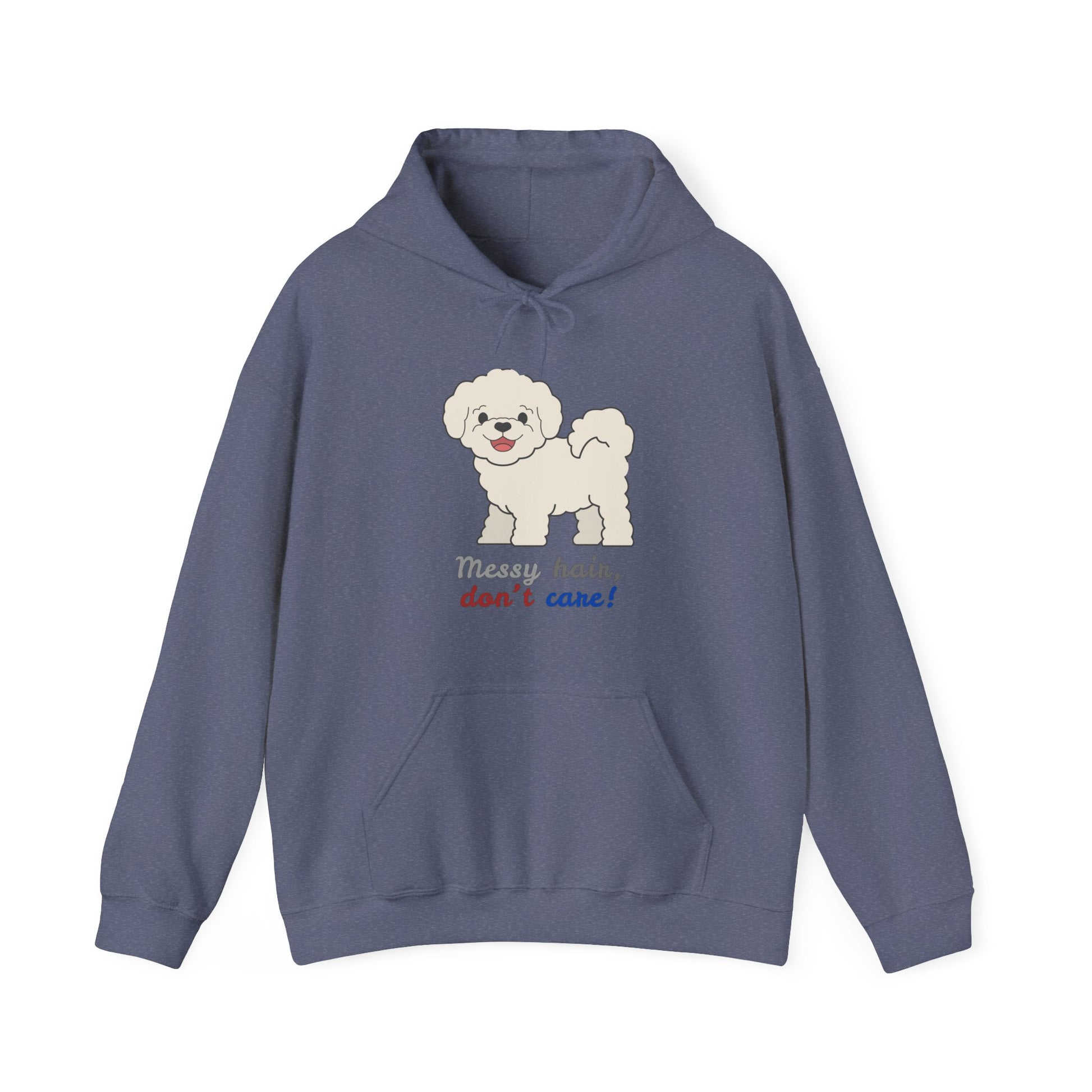 Heather Navy Color hoodie with bichon dog graphic and messy hair don’t care slogan displayed flat