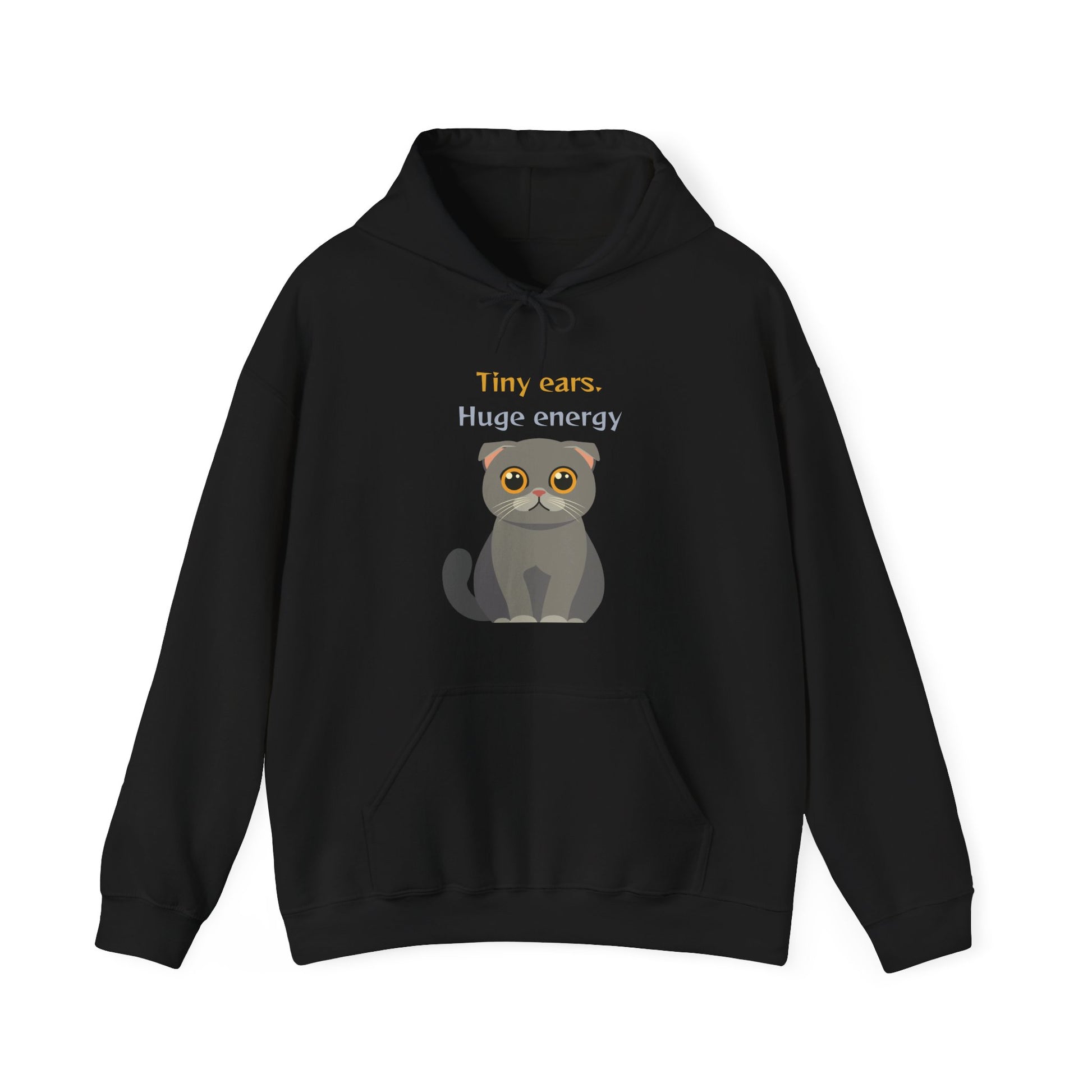 Black hoodie with Scottish Fold cat graphic and tiny ears huge energy slogan displayed flat