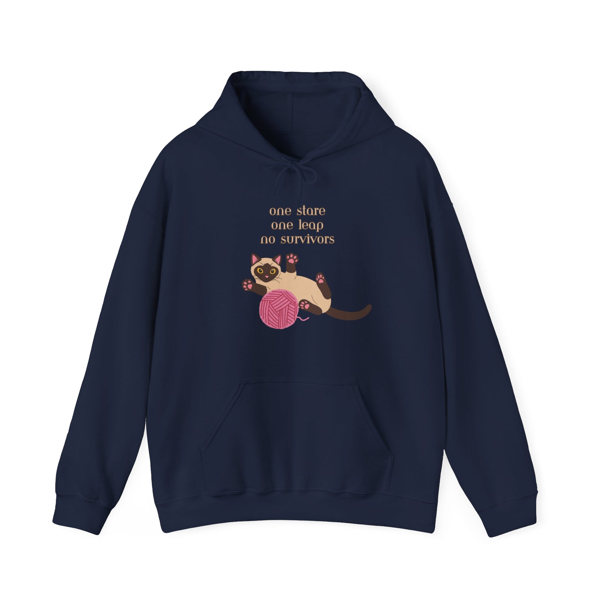 Navy hoodie with Siamese cat graphic and one stare one leap no survivors slogan displayed flat