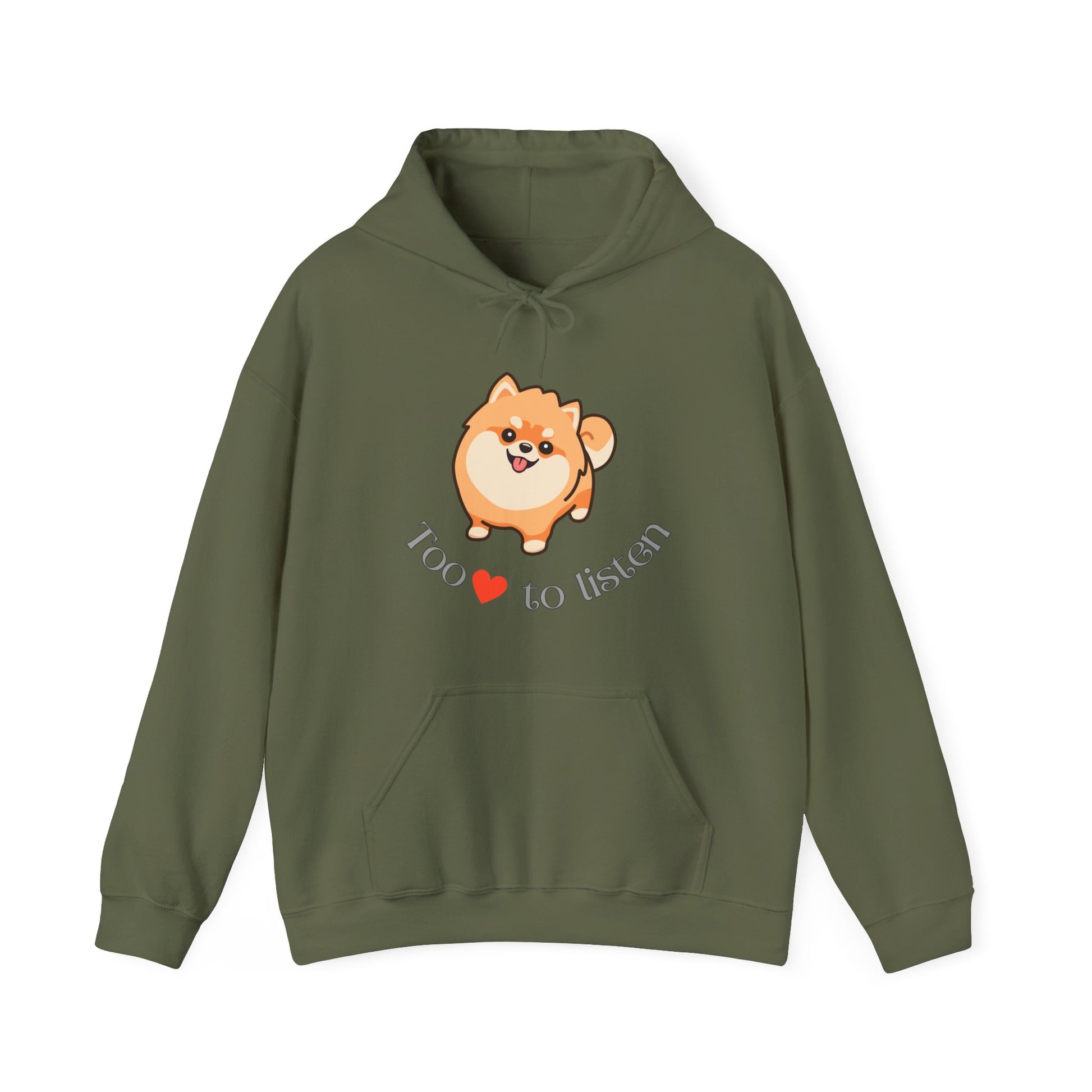 Military Green color Gildan hoodie with embroidered pomeranian graphic and too cute to listen slogan displayed flat