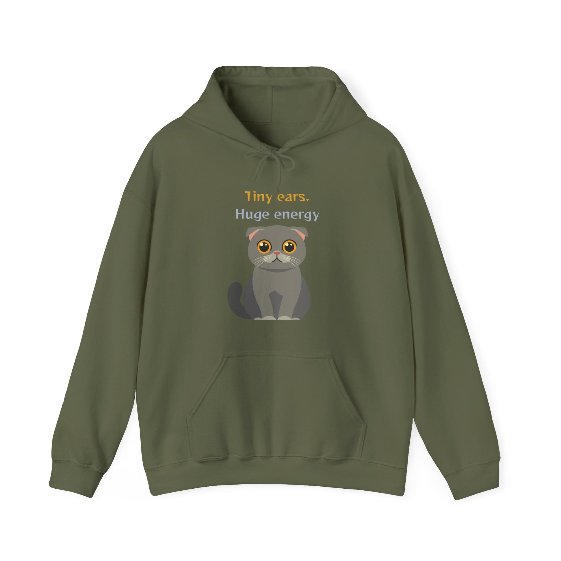 Military green color hoodie with Scottish Fold cat graphic and tiny ears huge energy slogan displayed flat