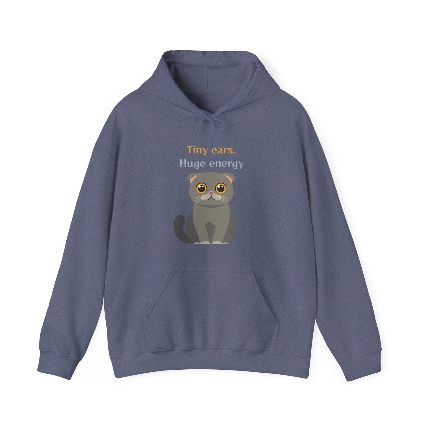 Heather Navy color hoodie with Scottish Fold cat graphic and tiny ears huge energy slogan displayed flat