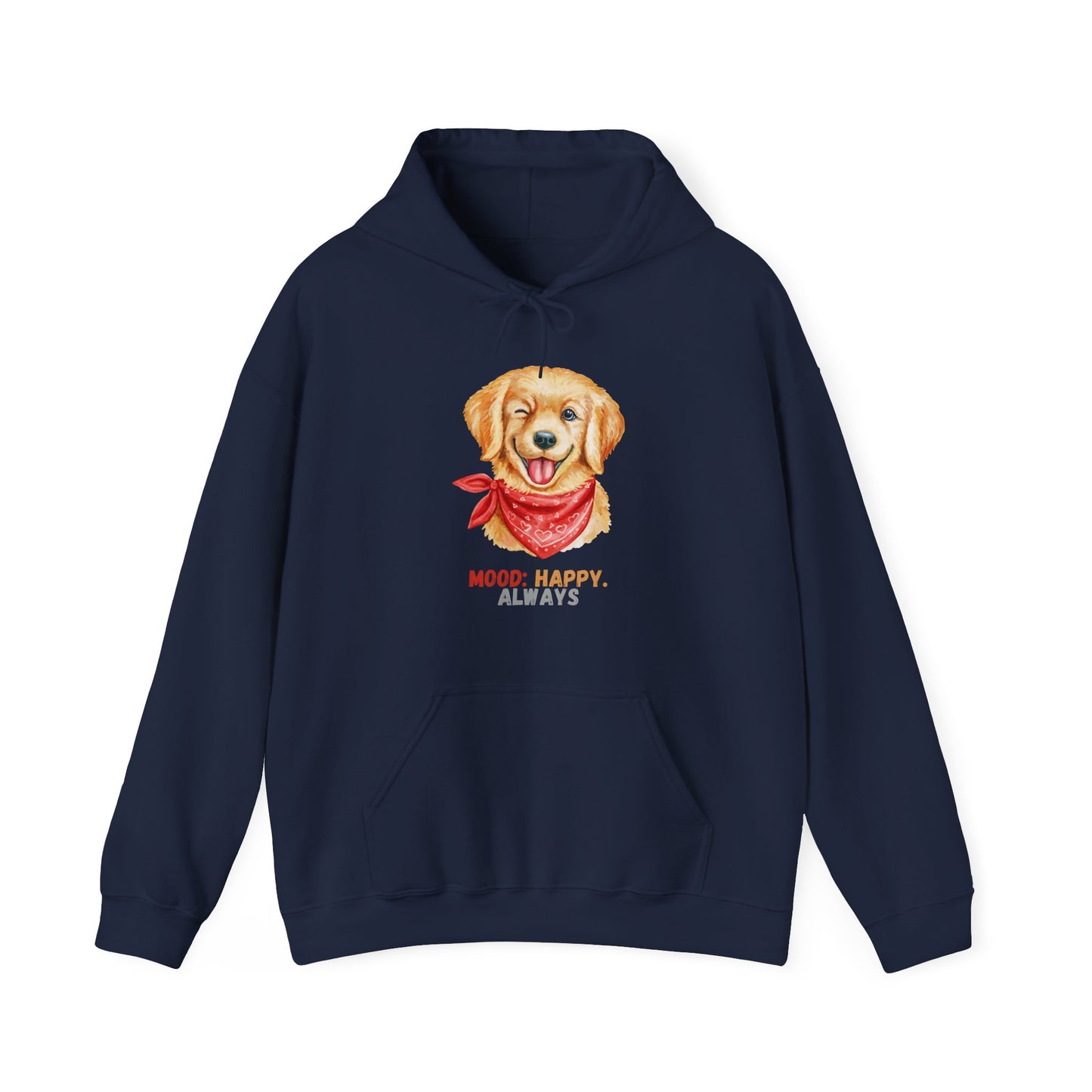 Navy hoodie with labrador retriever graphic and mood happy always slogan displayed flat
