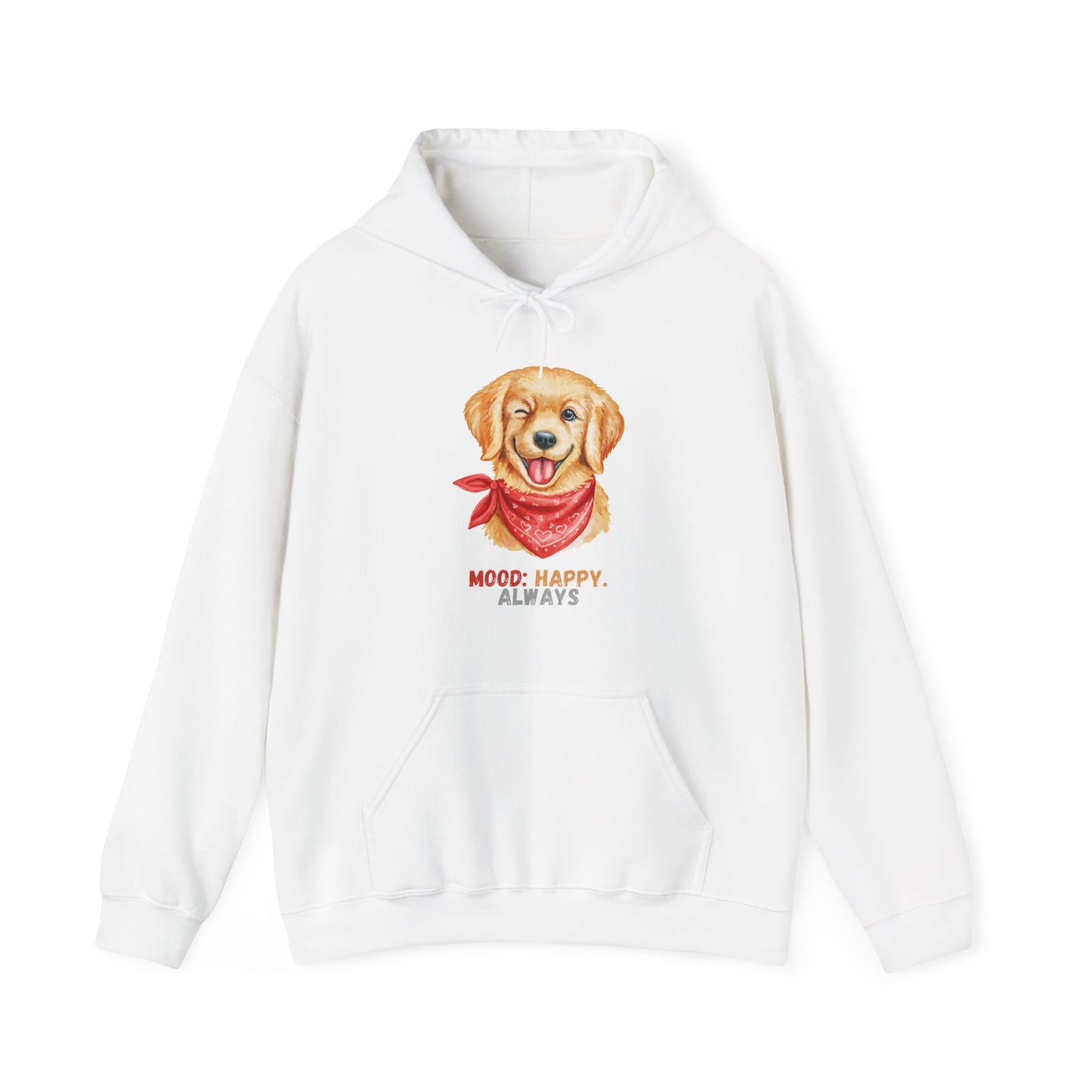 White hoodie with labrador retriever graphic and mood happy always slogan displayed flat