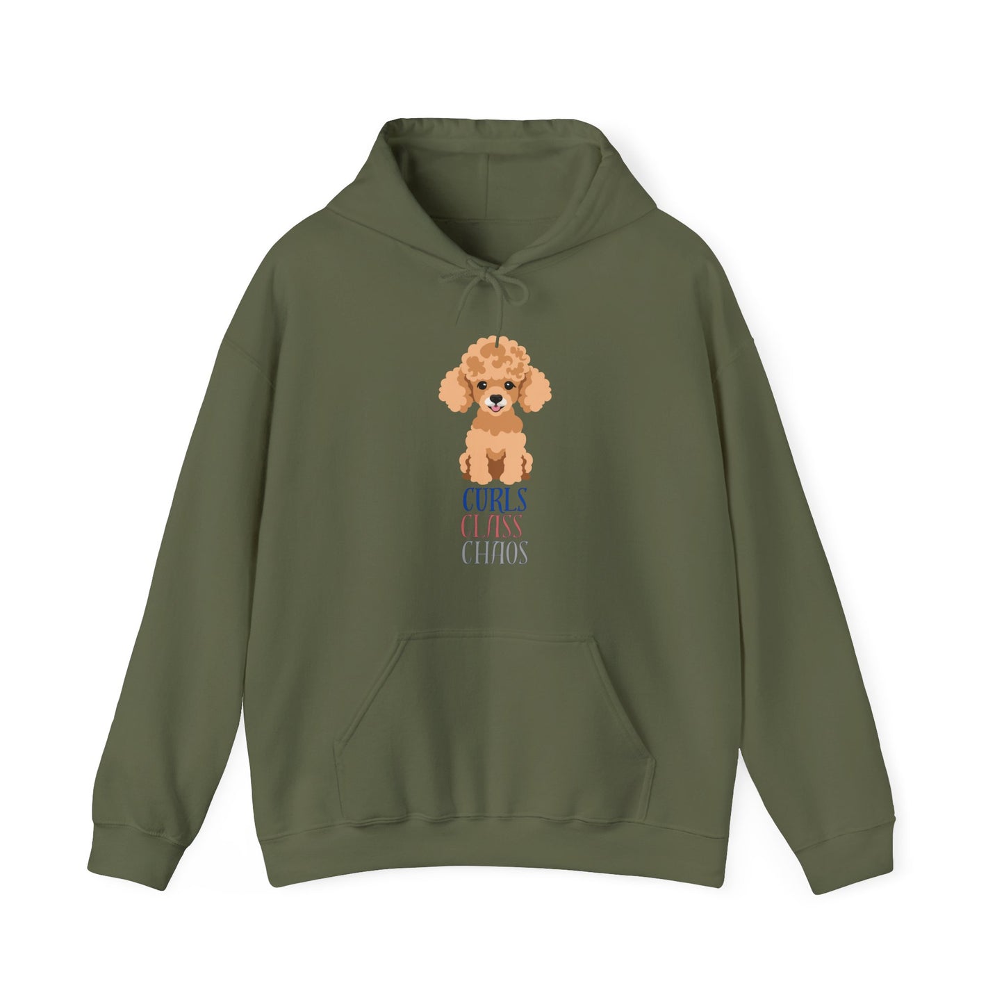 Military Green hoodie with poodle graphic and curls class chaos slogan displayed flat