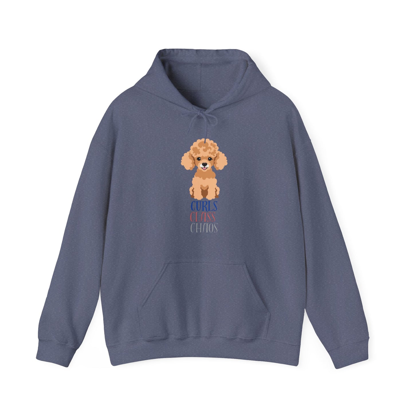 Heather Navy hoodie with poodle graphic and curls class chaos slogan displayed flat
