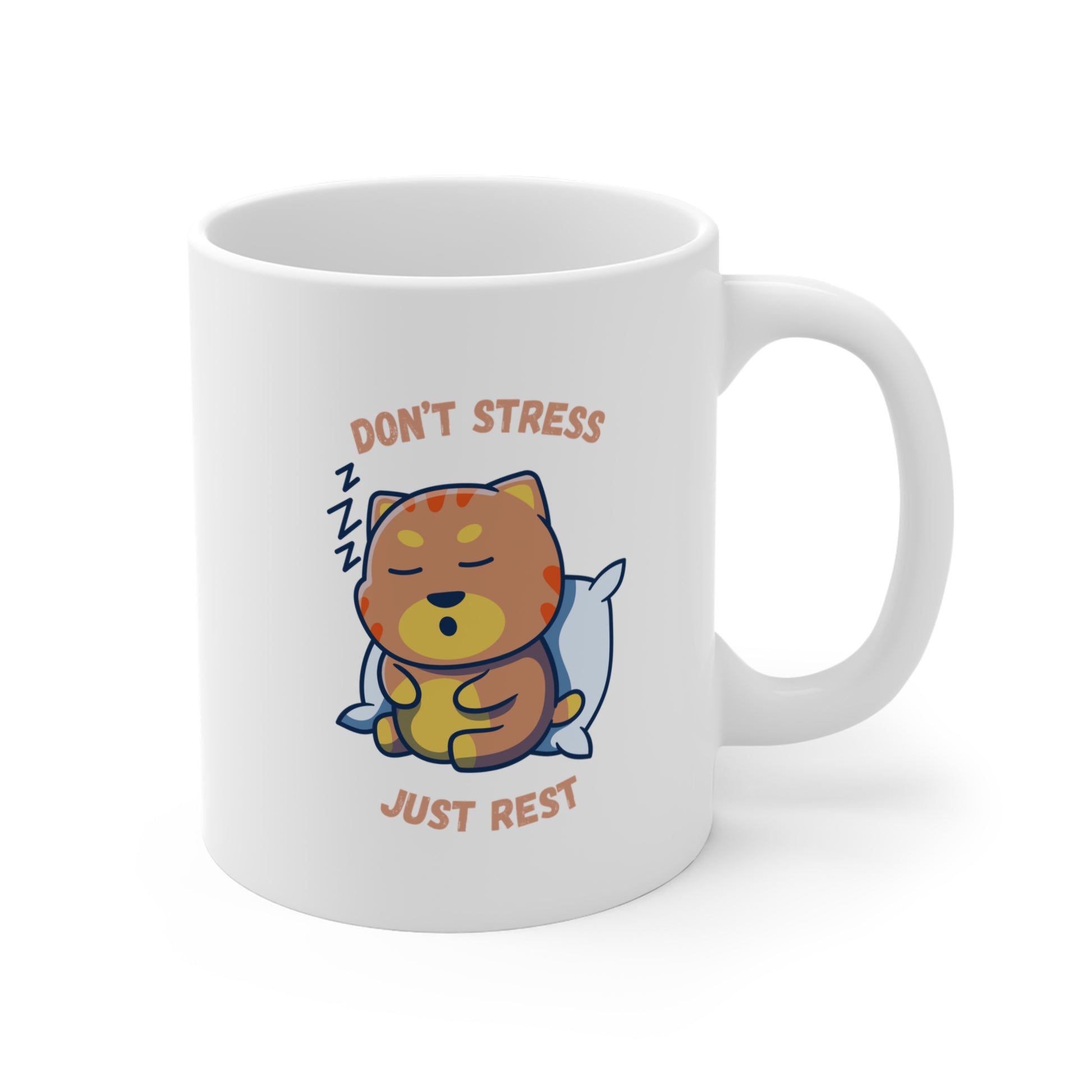 White coffee mug with sleepy cat graphic and don’t stress just rest slogan right side