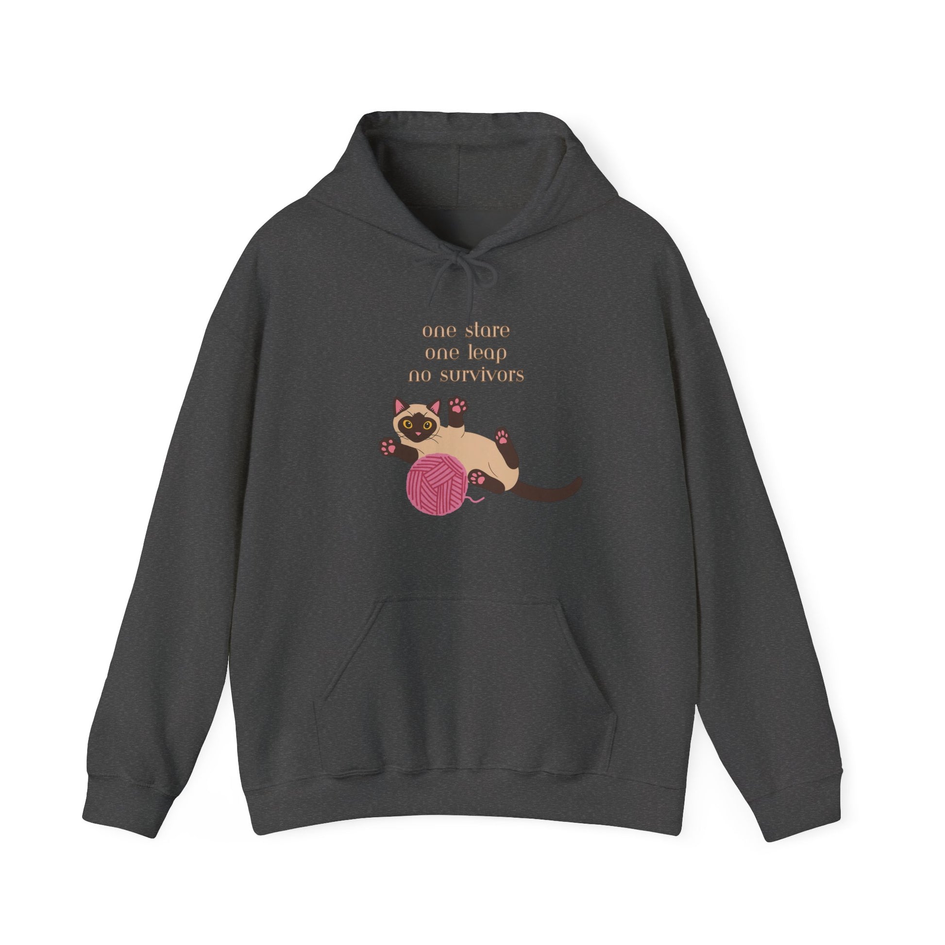 Dark Heather hoodie with Siamese cat graphic and one stare one leap no survivors slogan displayed flat