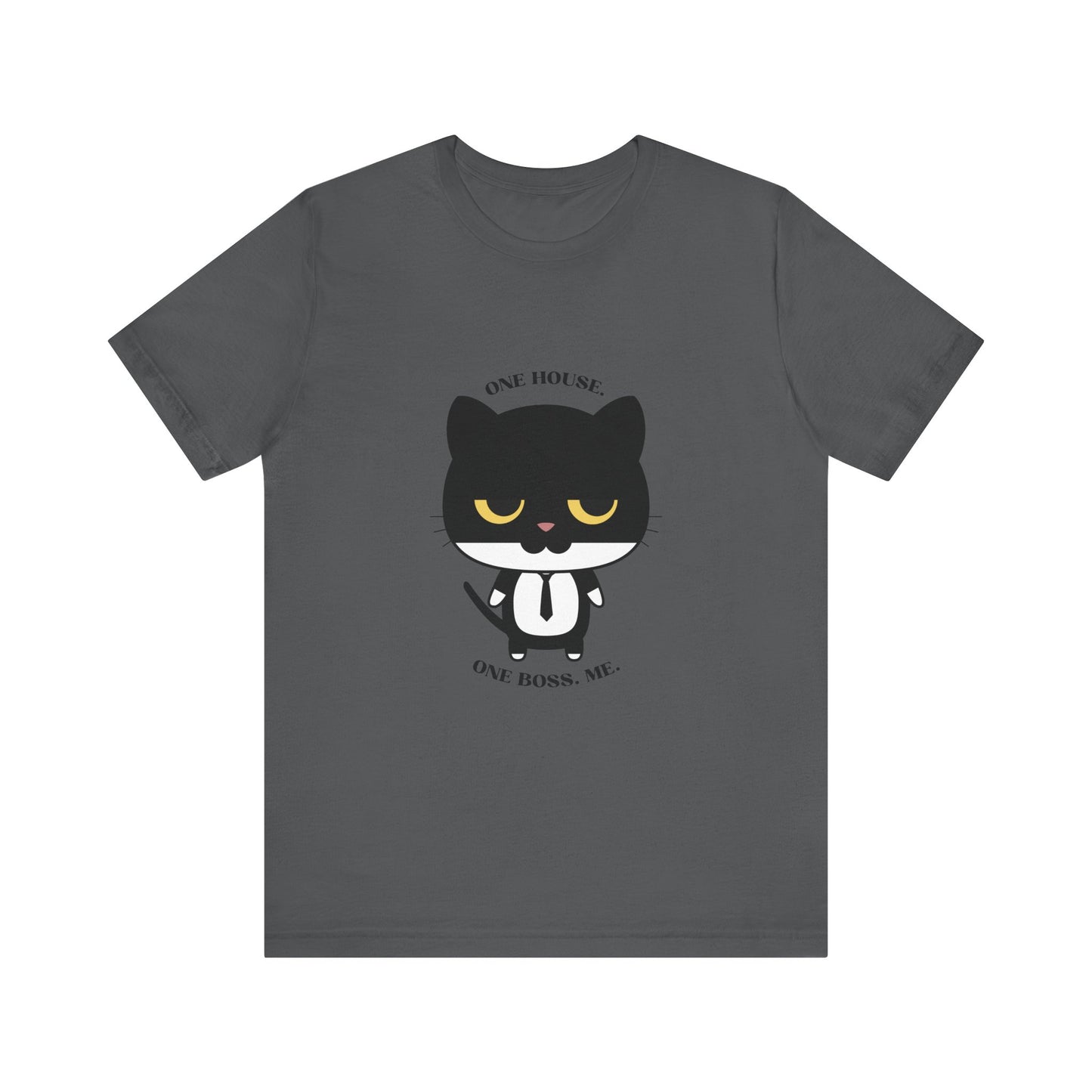 Asphalt color T-shirt with black cat graphic wearing a tie and one house one boss me slogan displayed flat