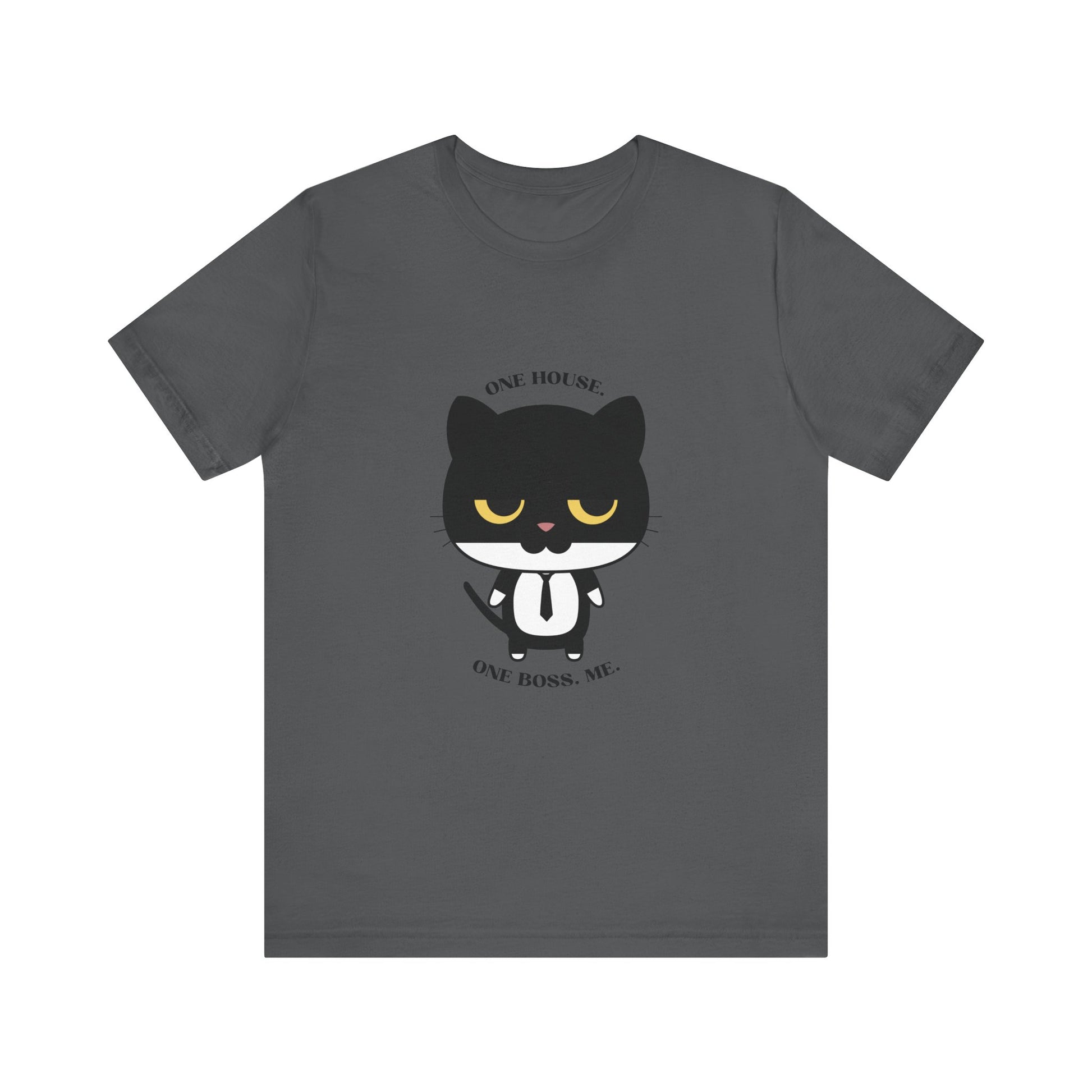 Asphalt color T-shirt with black cat graphic wearing a tie and one house one boss me slogan displayed flat
