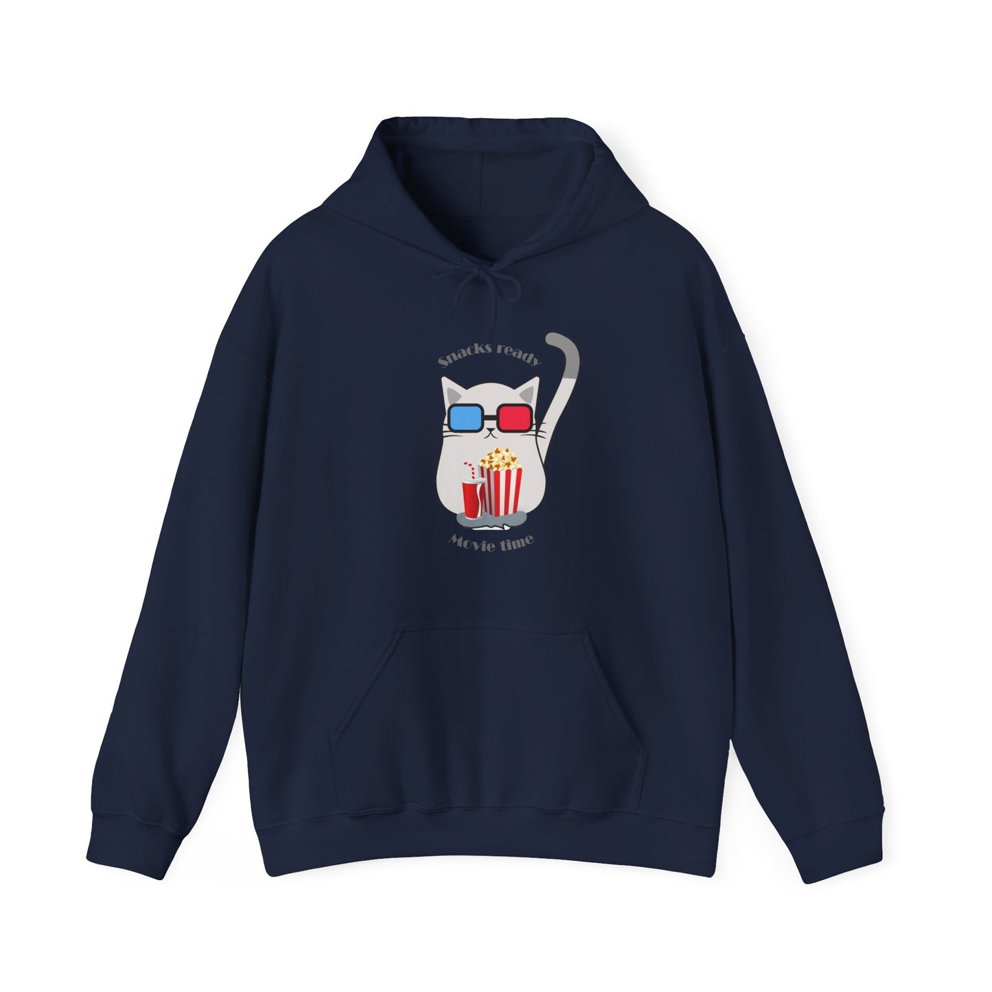 Navy color hoodie with cat wearing 3D glasses holding popcorn and drink with snacks ready movie time slogan displayed flat