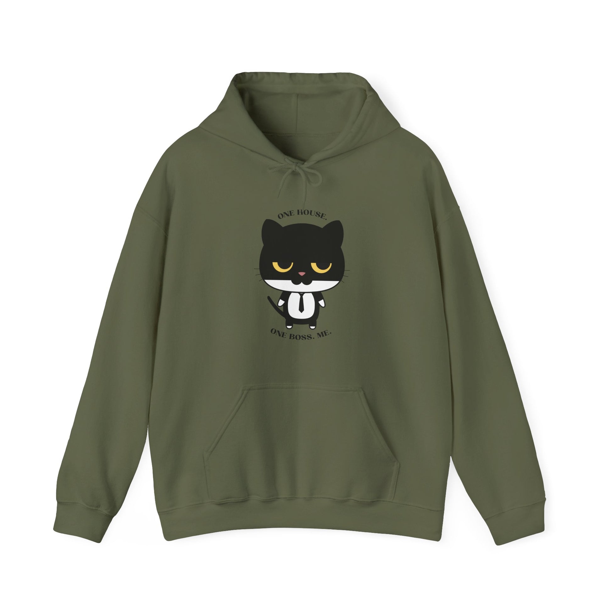 Military green color Hoodie with black cat graphic wearing a tie and one house one boss me slogan displayed flat