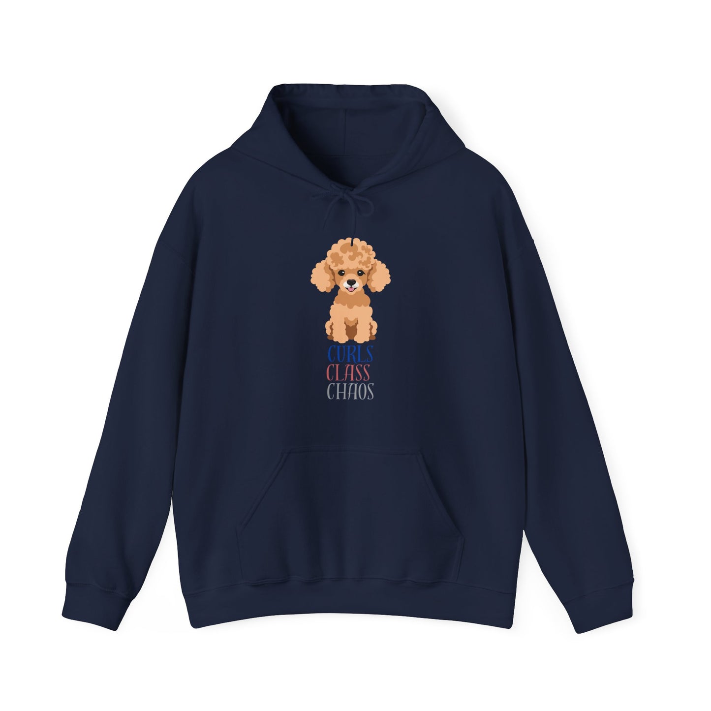 Navy hoodie with poodle graphic and curls class chaos slogan displayed flat