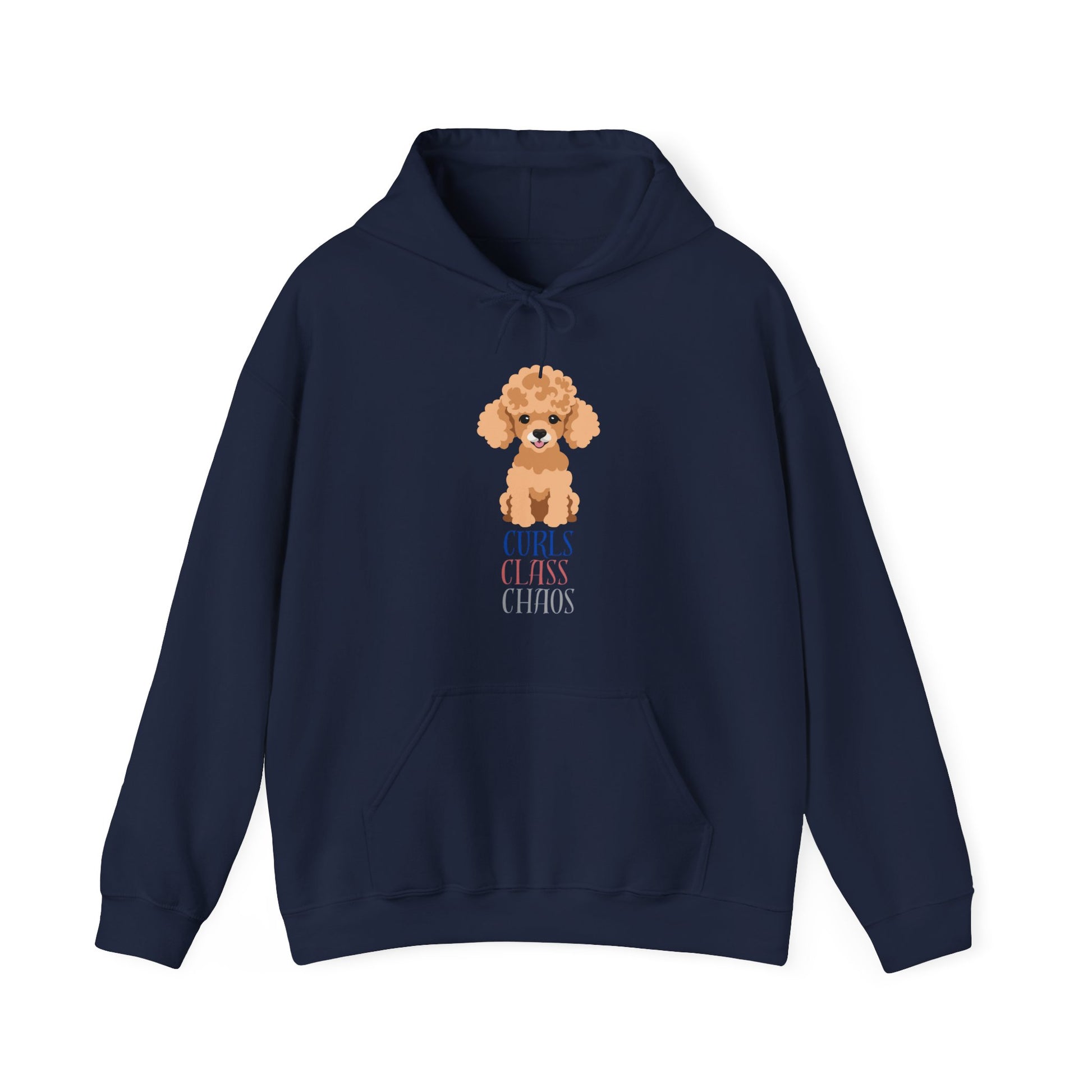 Navy hoodie with poodle graphic and curls class chaos slogan displayed flat