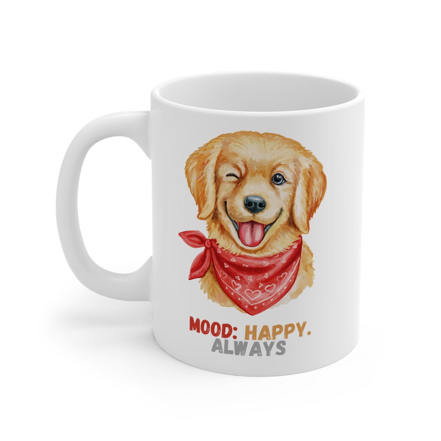 White coffee mug with golden retriever graphic and mood happy always slogan shown from left side