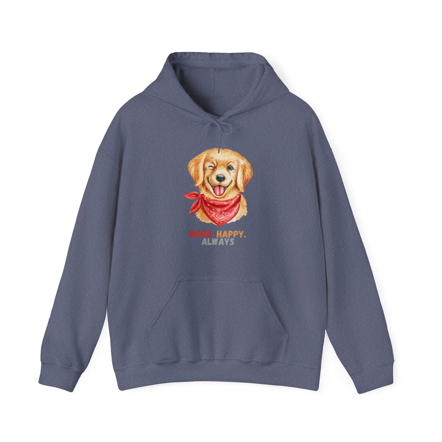 Heather Navy hoodie with labrador retriever graphic and mood happy always slogan displayed flat