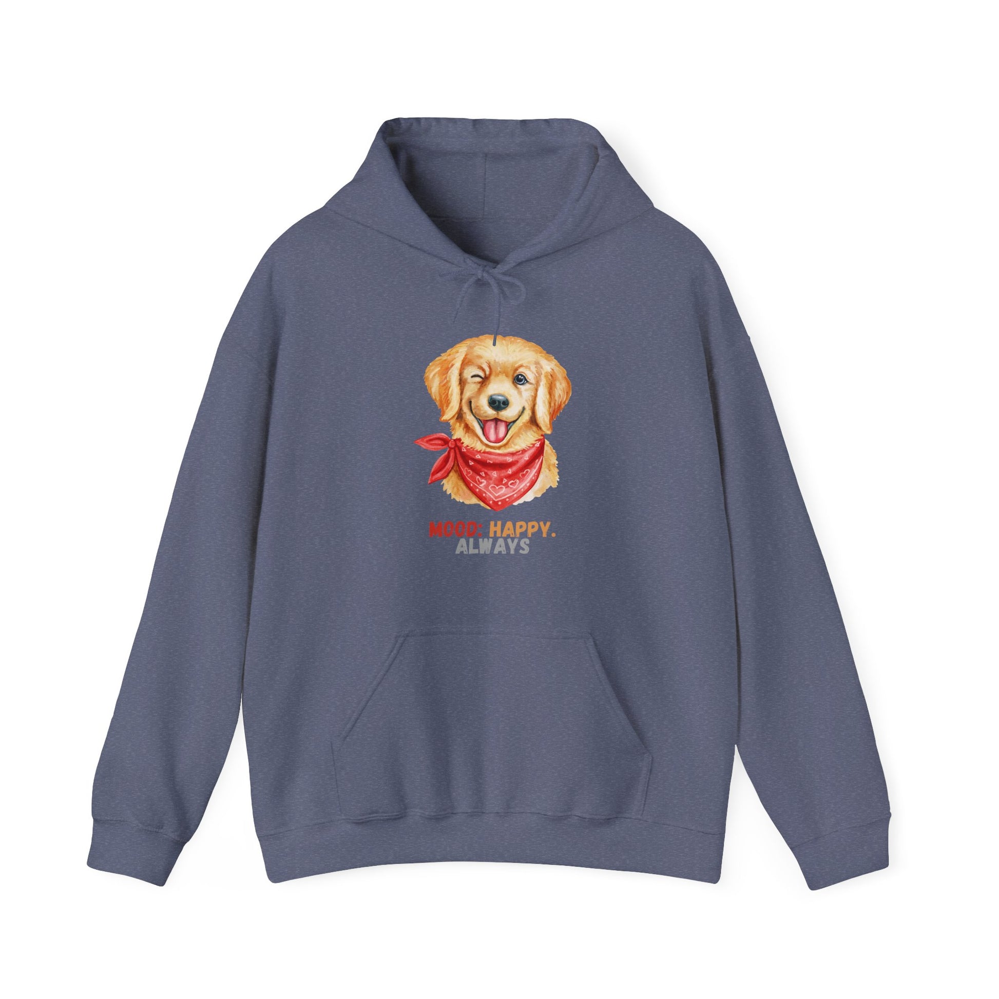 Heather Navy hoodie with labrador retriever graphic and mood happy always slogan displayed flat