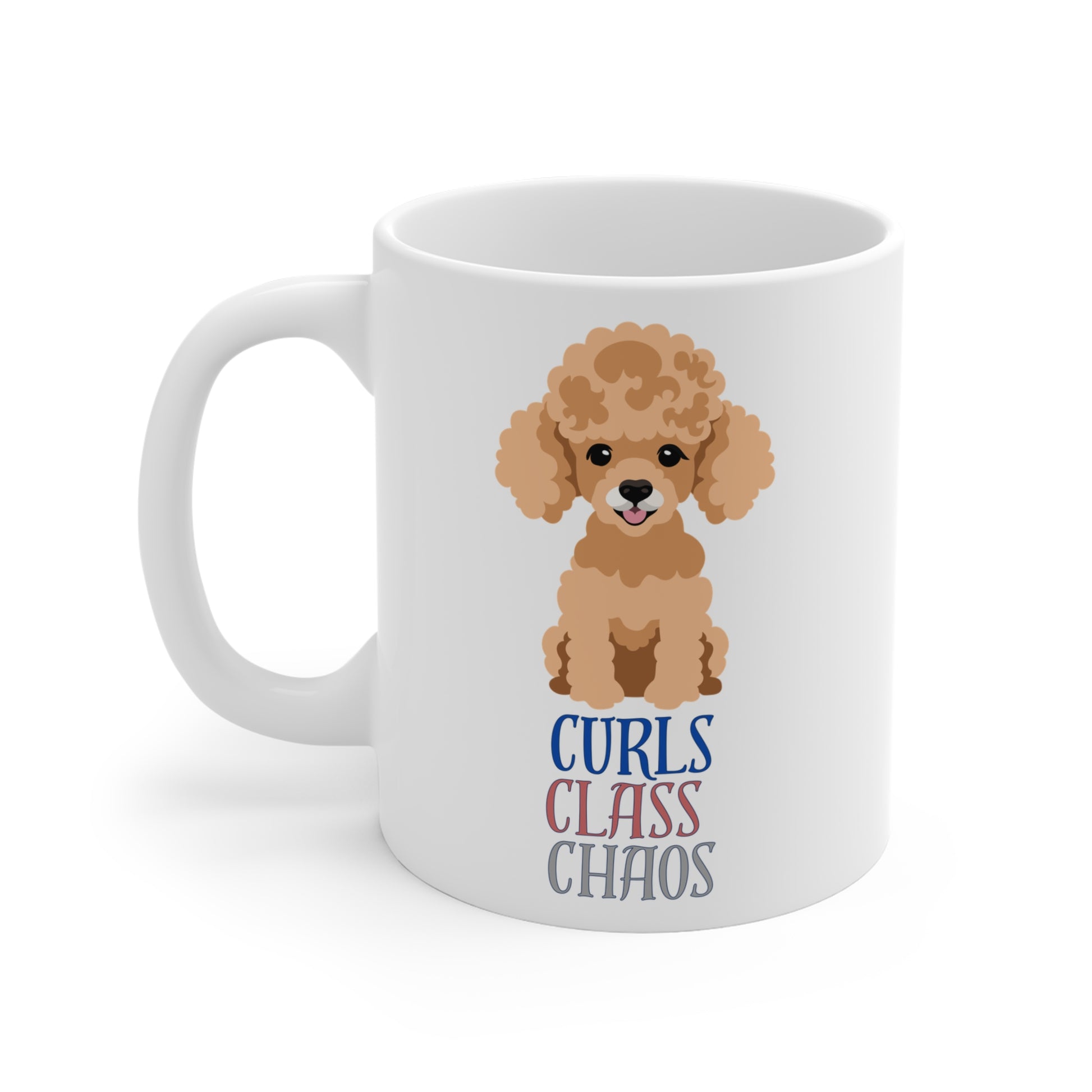 White coffee mug with poodle graphic and curls class chaos slogan shown from left side